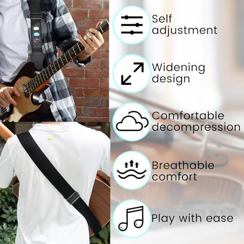 Showcases five distinct features of the guitar strap to communicate versatility, comfort, and ease of use for musicians.