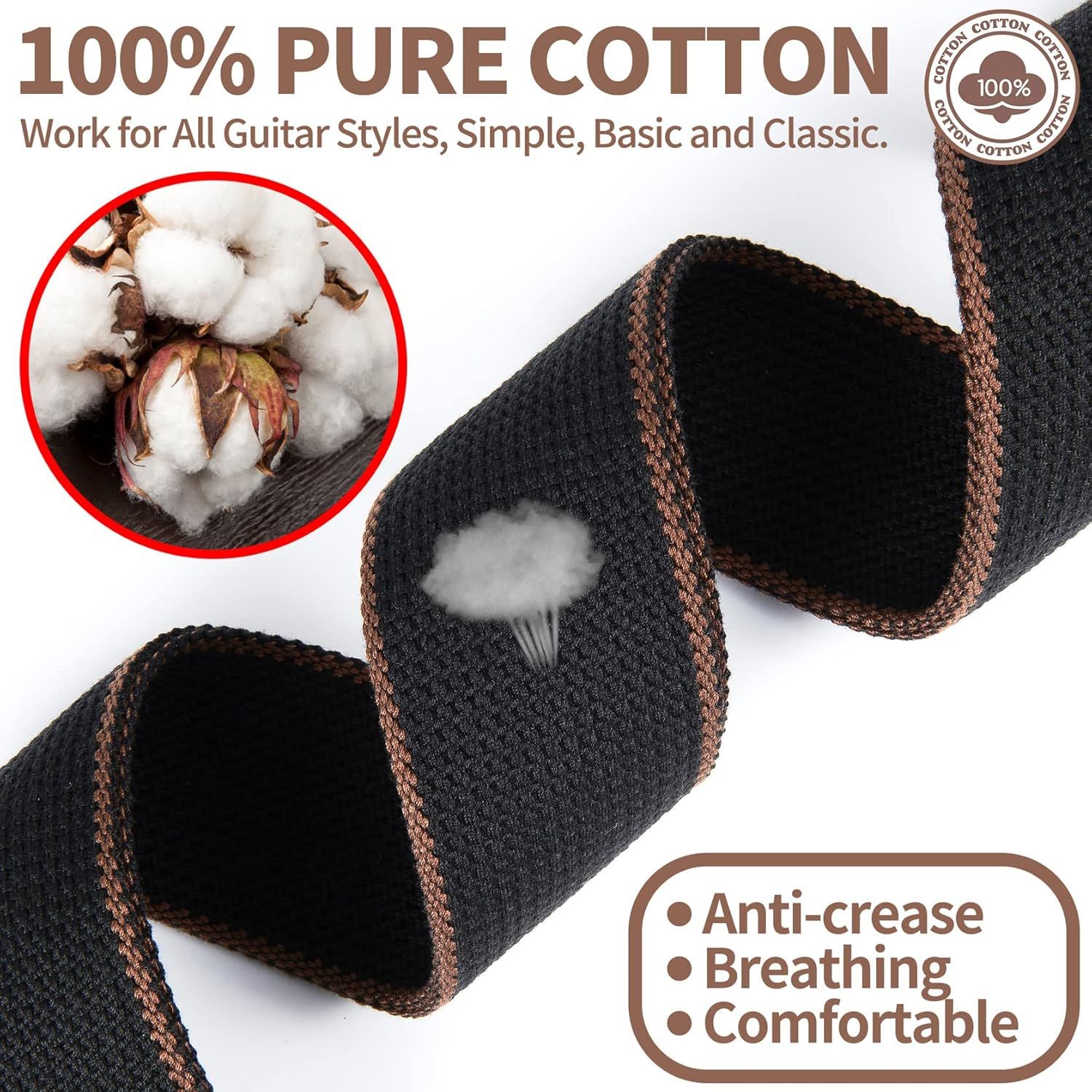 Communicates multiple benefits of the guitar strap including its pure cotton construction and key comfort features to reassure buyers of quality and usability.