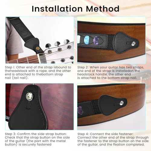 Provides step-by-step instructions on how to properly install a guitar strap to the instrument, reducing confusion and helping customers use the product correctly.