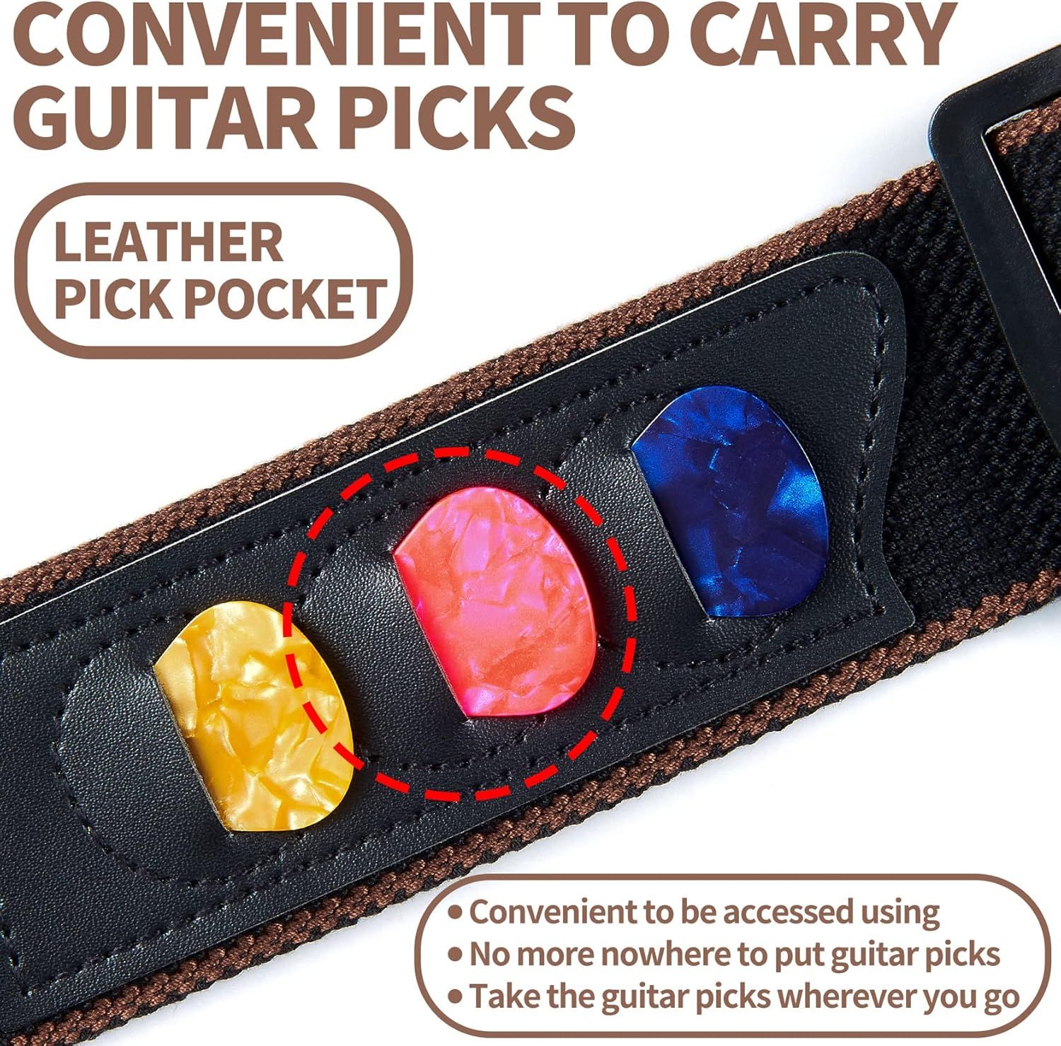 Highlights the leather pick pocket feature that allows guitarists to conveniently carry and access their picks on the strap, eliminating the need to search for picks elsewhere.