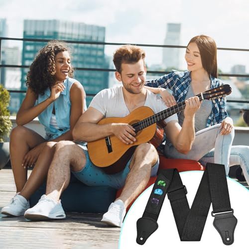 Shows the product being used in a real-world social setting to help shoppers visualize how the guitar strap fits into their lifestyle and activities.