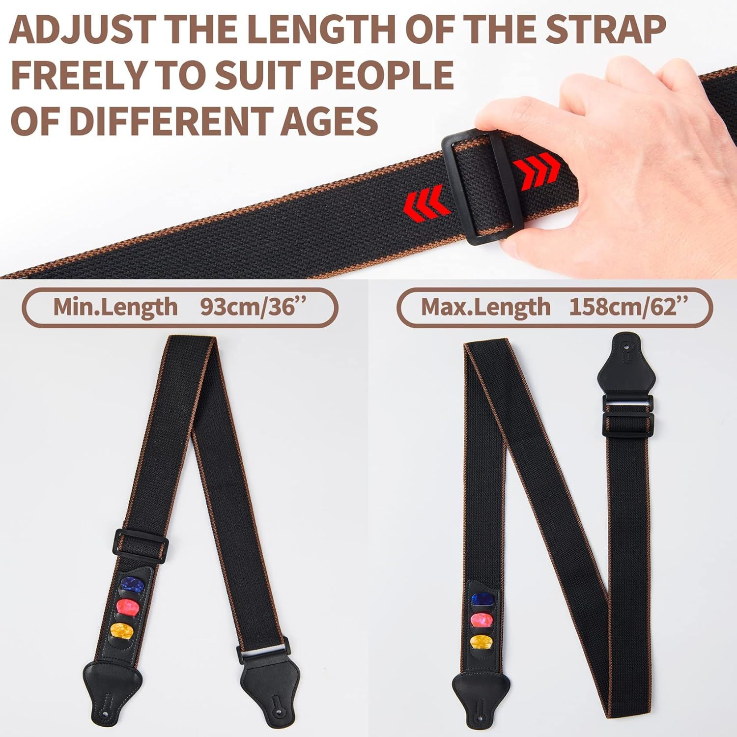 Communicates that the strap is adjustable to fit people of different ages and sizes, showing the minimum and maximum length specifications.