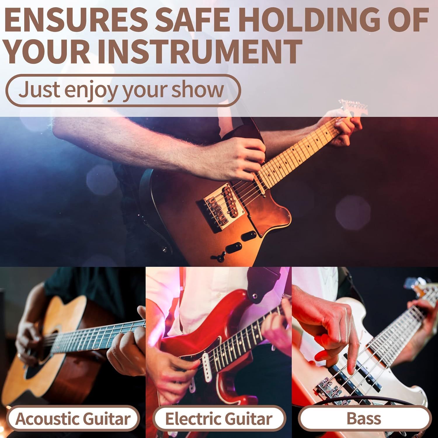 Demonstrates the product works with various types of guitars and instruments including acoustic guitar, electric guitar, and bass to show versatility and broad compatibility.