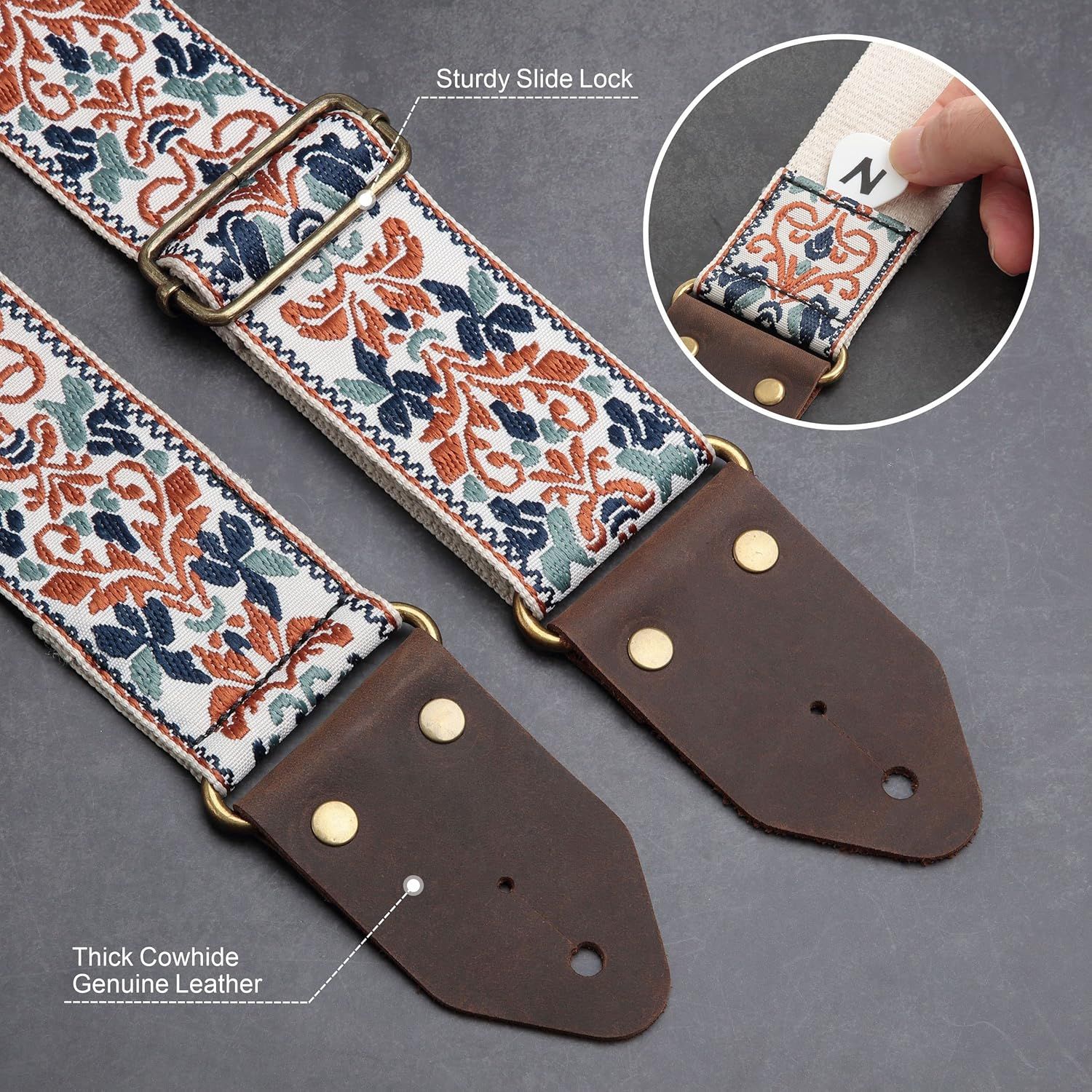 Highlights two key quality features of the guitar strap: the sturdy slide lock mechanism for secure adjustment and the thick genuine leather construction for durability and premium quality.