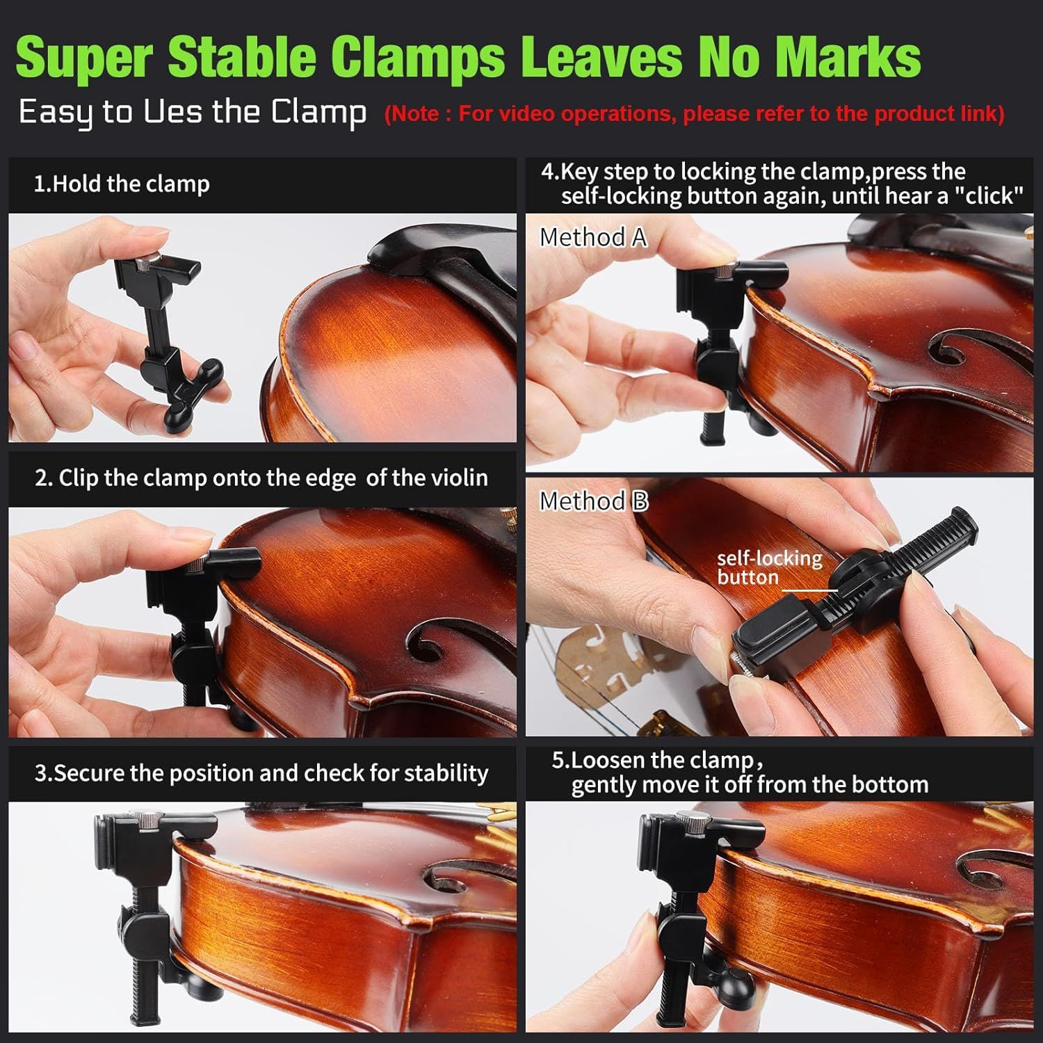 This image provides step-by-step instructions on how to properly attach and use the violin clamp, demonstrating the ease of use and self-locking feature to reassure customers about the product's…