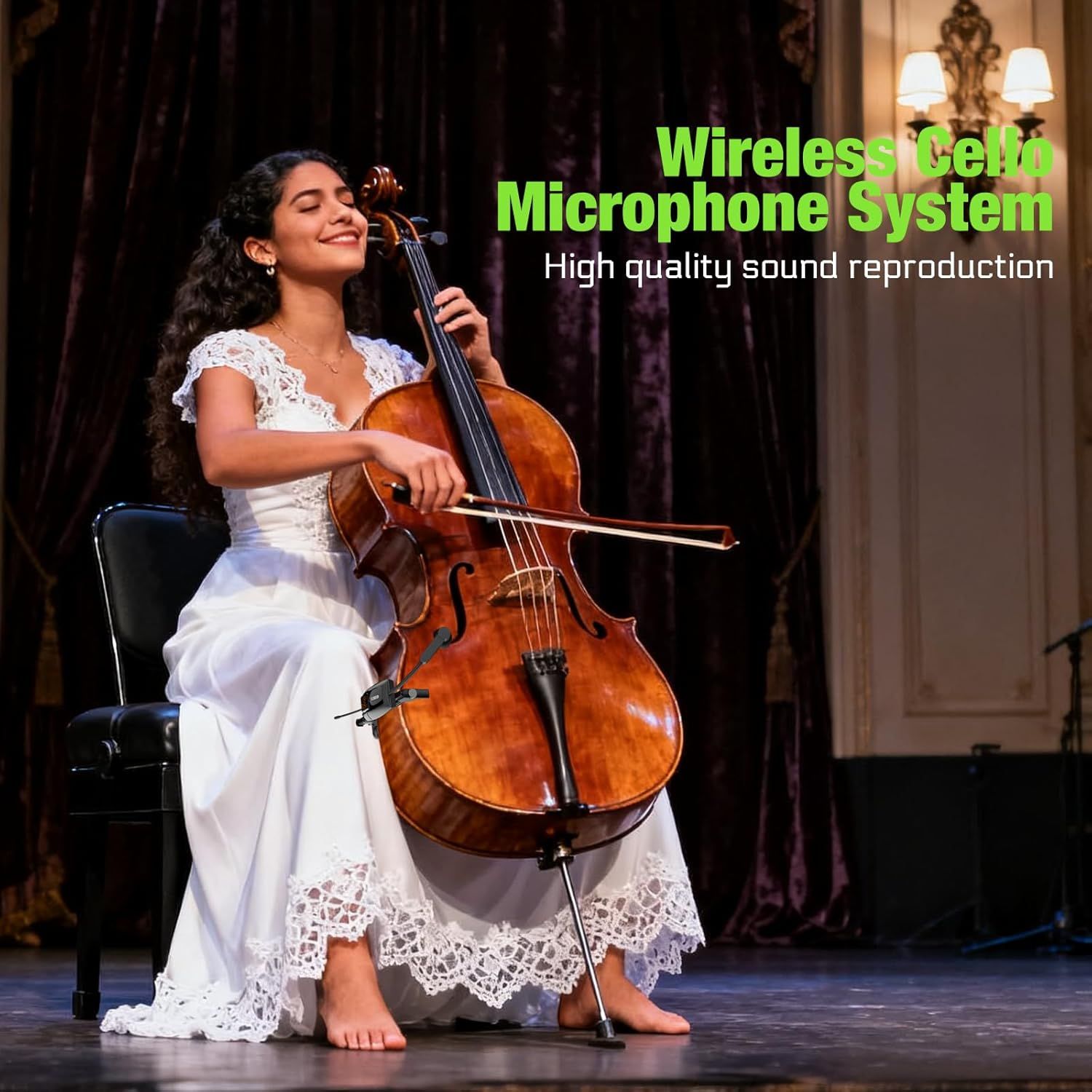 Communicates that the wireless cello microphone system delivers high quality sound reproduction, reassuring musicians and performers of professional audio performance.
