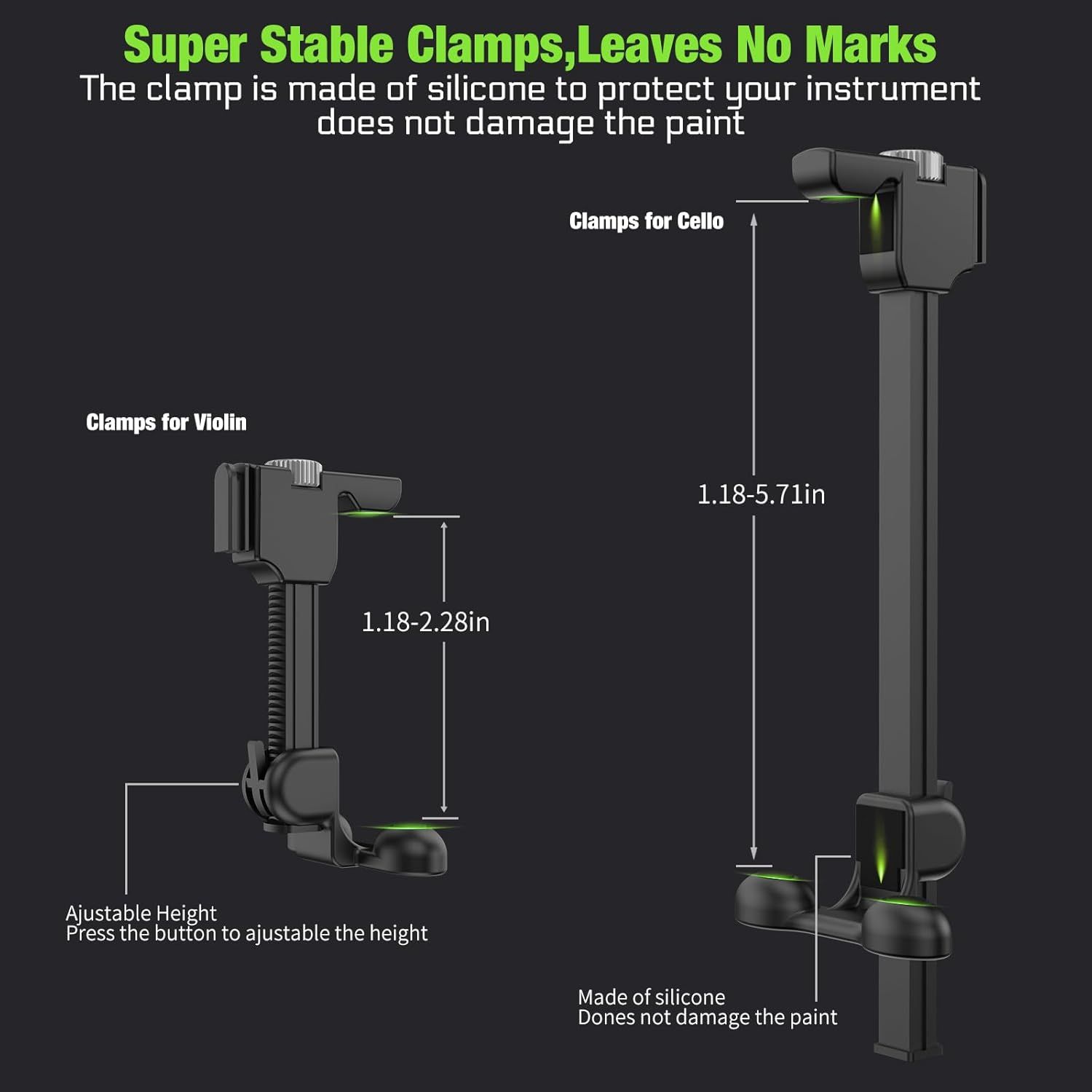 This image breaks down the clamp product by highlighting specific features like silicone material, adjustable height mechanism, and compatibility with different instruments to help shoppers…