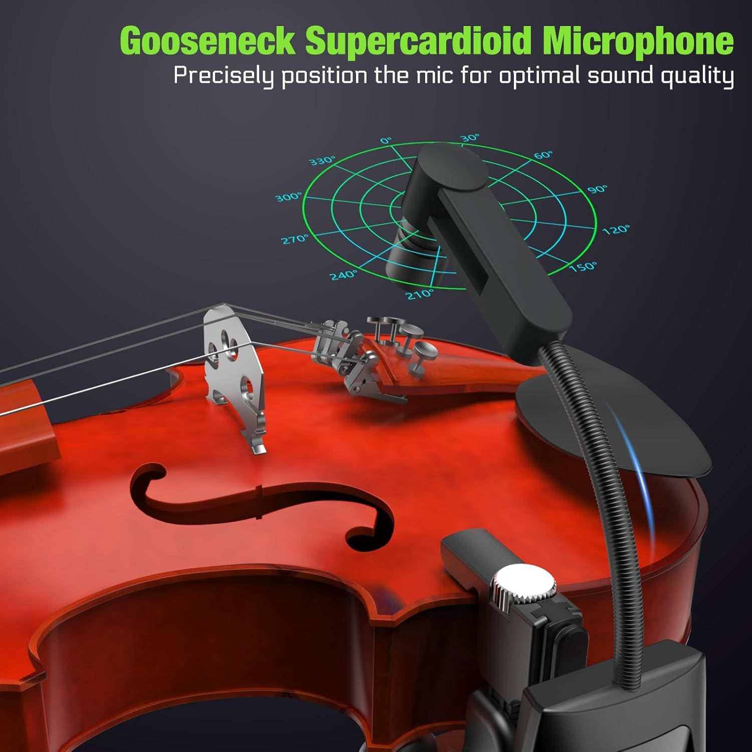 Highlights the microphone's flexible gooseneck design and supercardioid pickup pattern, showing how it can be precisely positioned for optimal sound quality when recording string instruments.