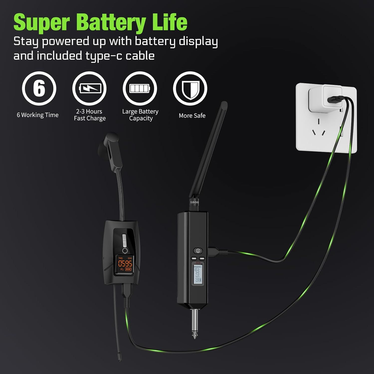Communicates multiple battery-related benefits including long working time, fast charging, large capacity, safety features, battery display, and included cable to reassure shoppers about the…