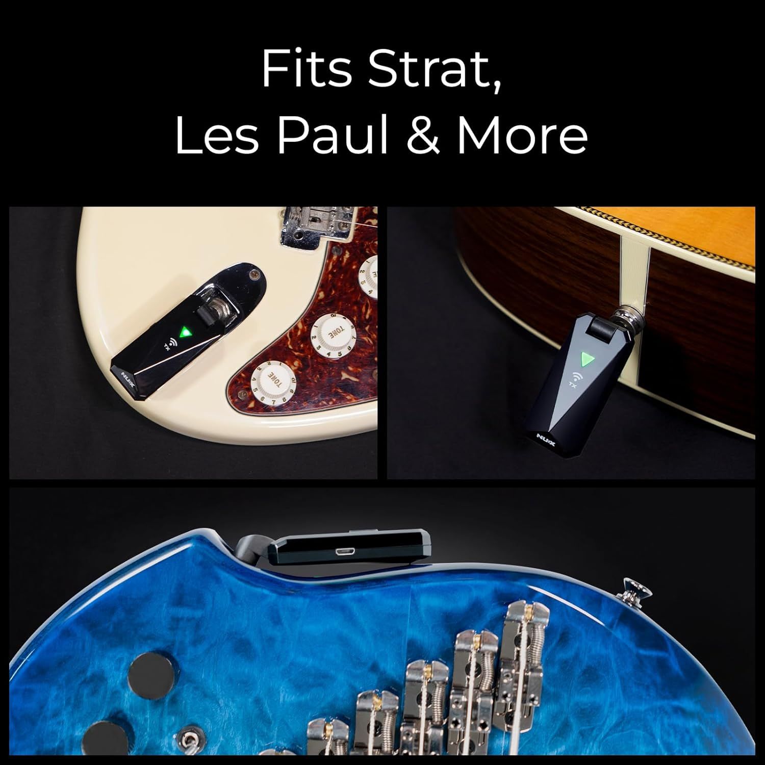 Demonstrates that the product is compatible with multiple guitar types including Strat, Les Paul, and other models to reassure shoppers it will work with their instrument.