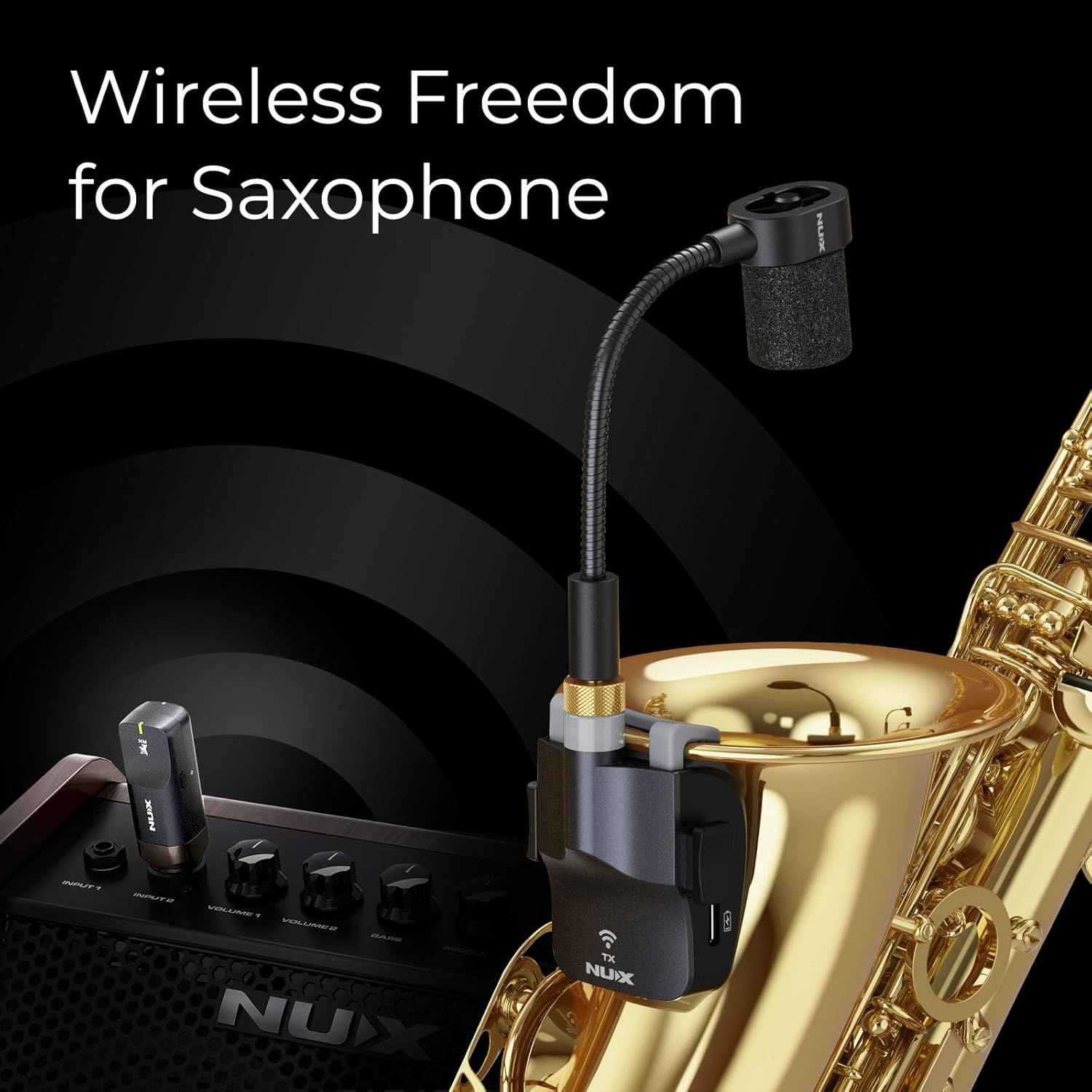 Communicates that the product enables wireless freedom for saxophone players by converting the instrument to wireless audio transmission.