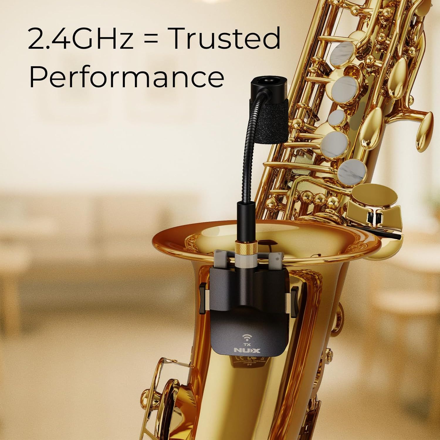 Communicates that the product uses 2.4GHz wireless technology for reliable and trusted performance, reassuring musicians of stable connectivity.