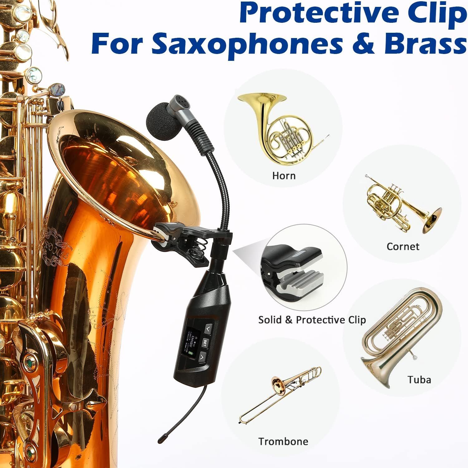 Demonstrates that the protective clip microphone is compatible with various brass instruments including saxophones, horns, cornets, tubas, and trombones, helping shoppers understand the versatility…