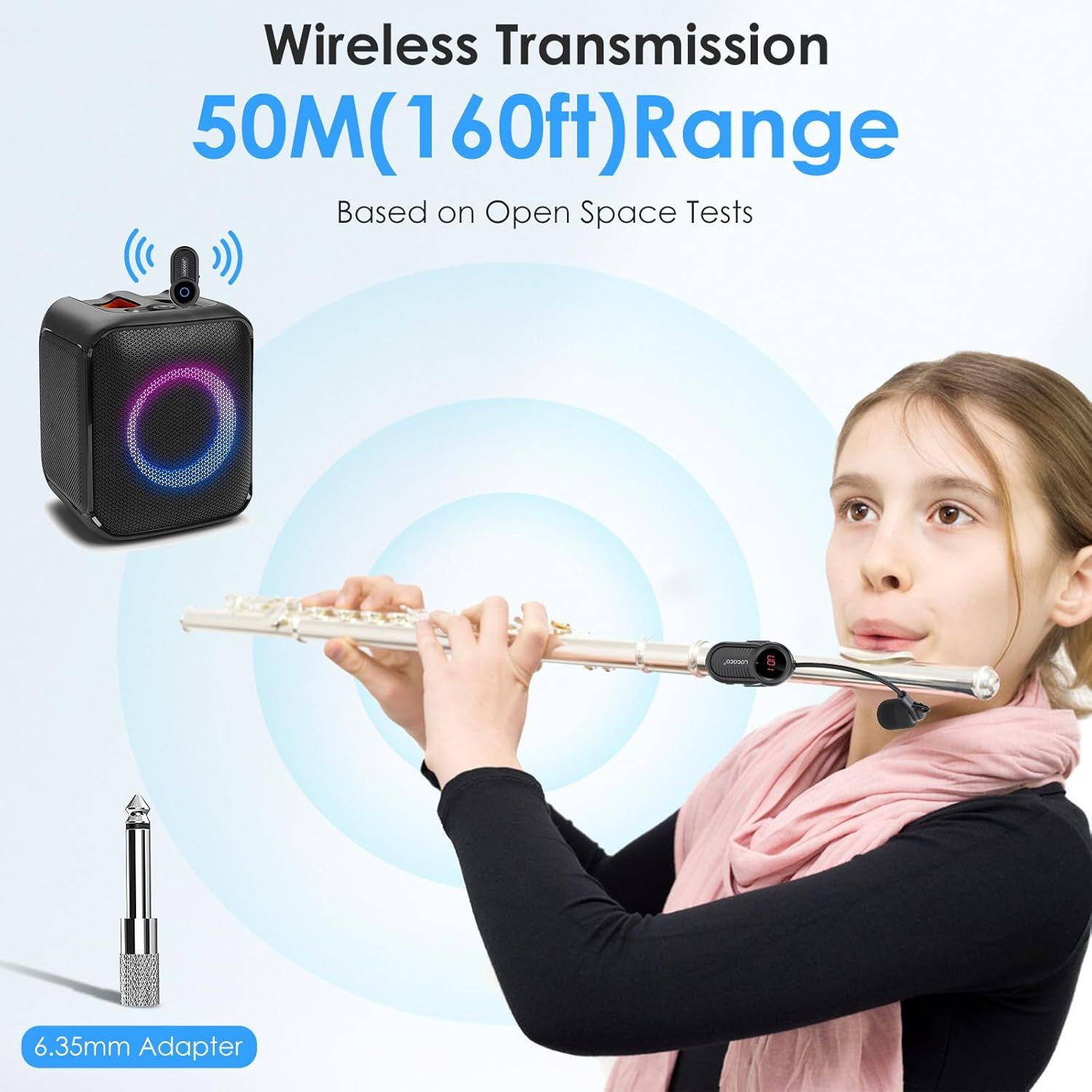 Communicates the wireless transmission range of 50M (160ft) to reassure shoppers that the product can maintain connectivity over long distances in open spaces.