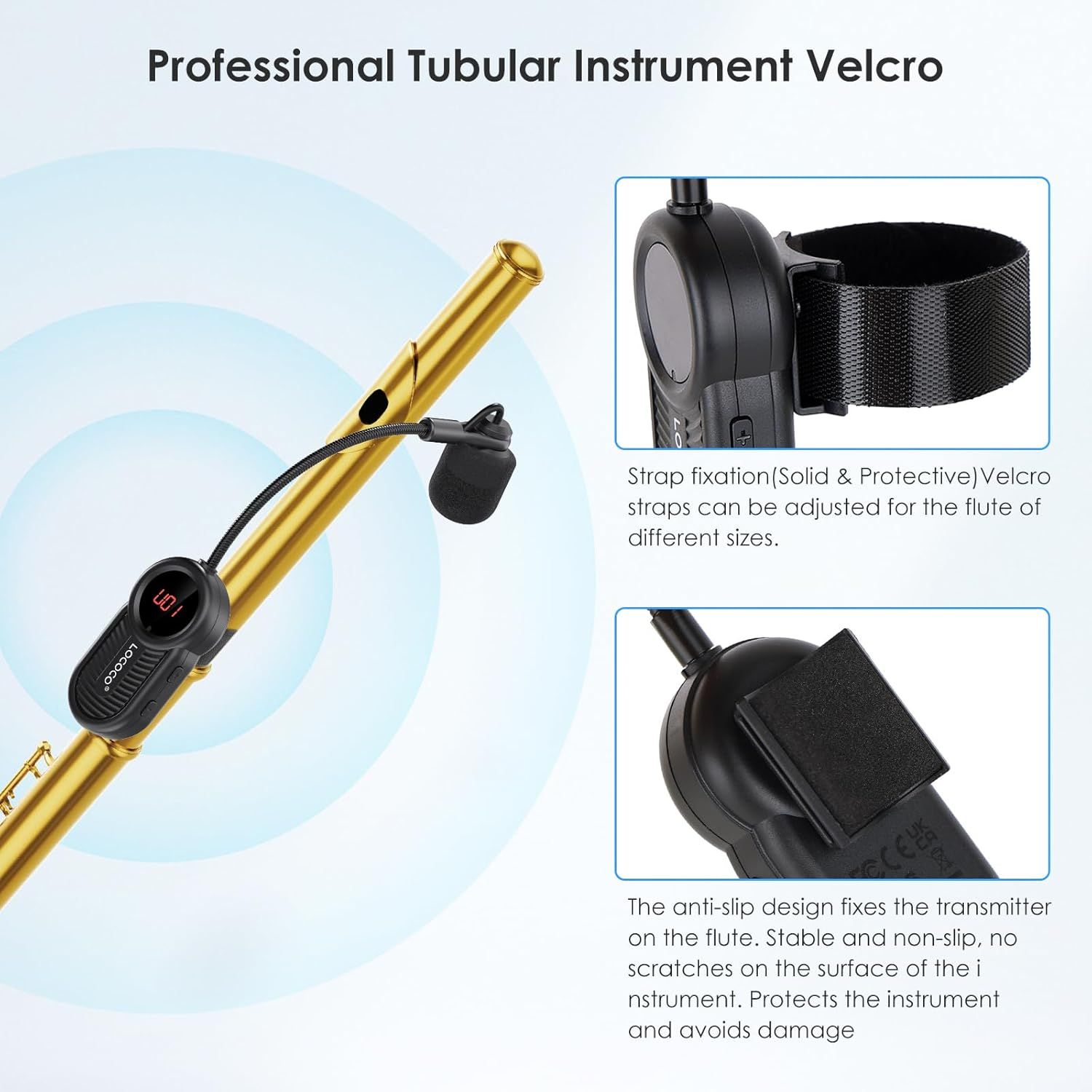 Showcases two key features of the instrument velcro attachment system: the adjustable strap fixation that fits different flute sizes and the anti-slip design that protects the instrument from…