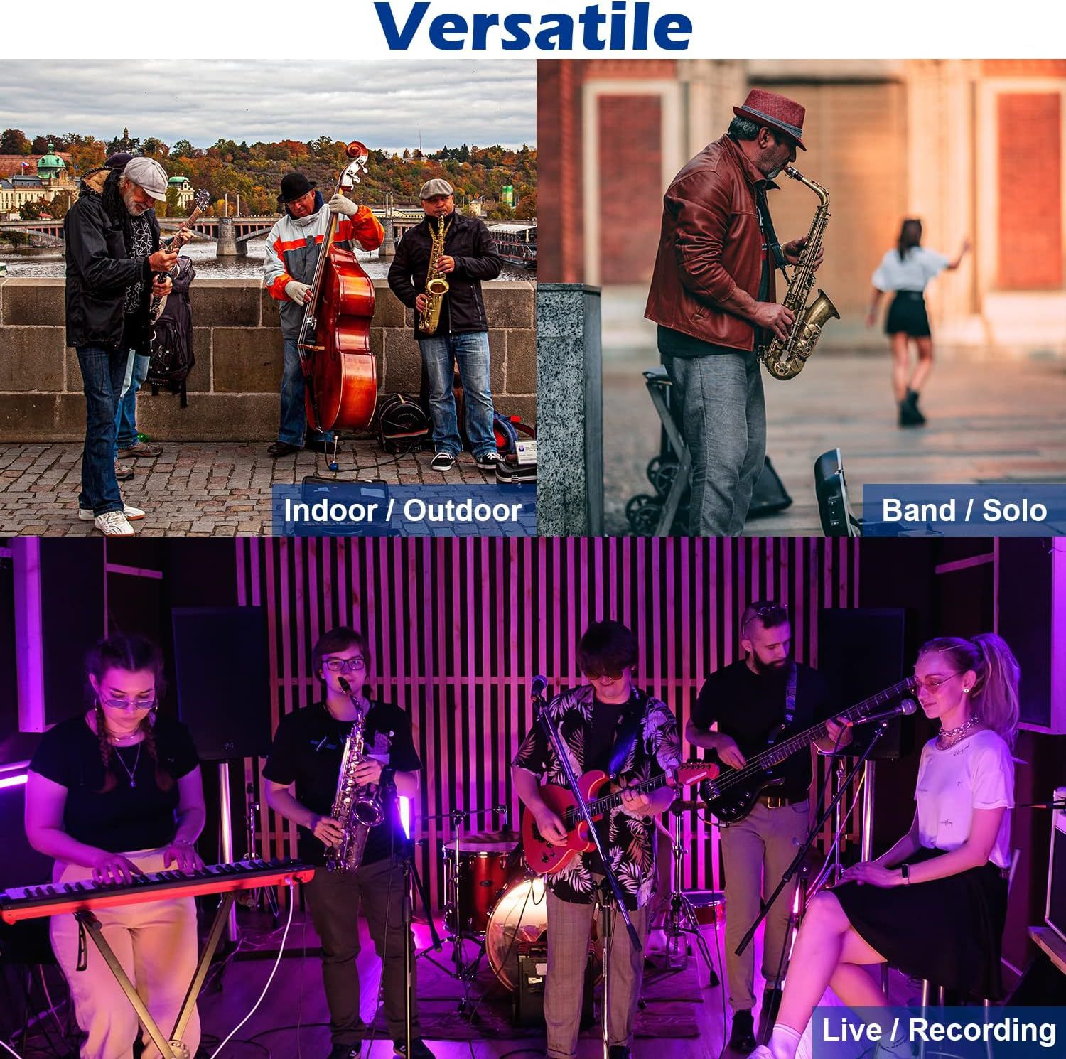 Demonstrates the versatility of the product by showing it can be used in multiple settings and configurations, from outdoor street performances to indoor band recordings.
