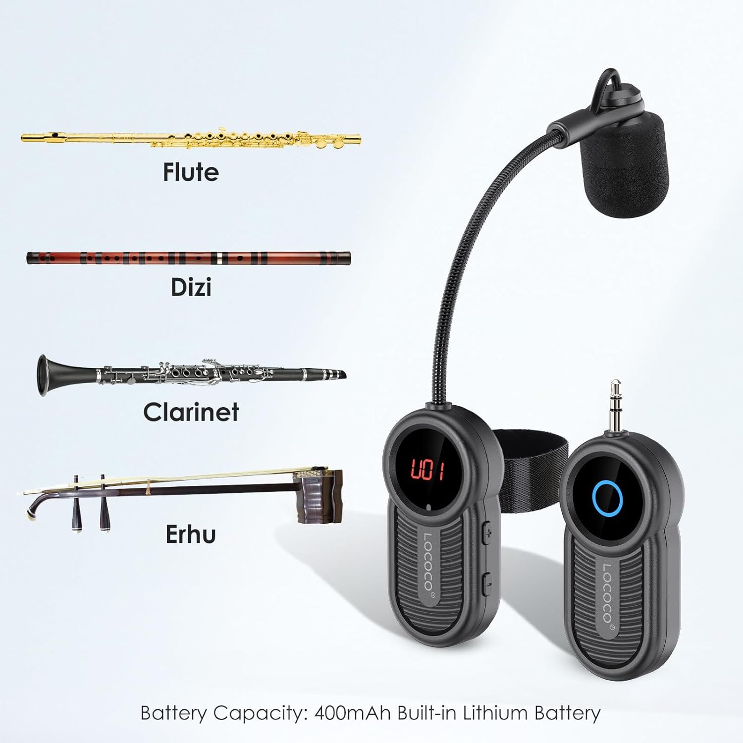 Demonstrates that the wireless microphone system is compatible with multiple musical instruments, reassuring musicians that it works across different instrument types. Highlights the battery…