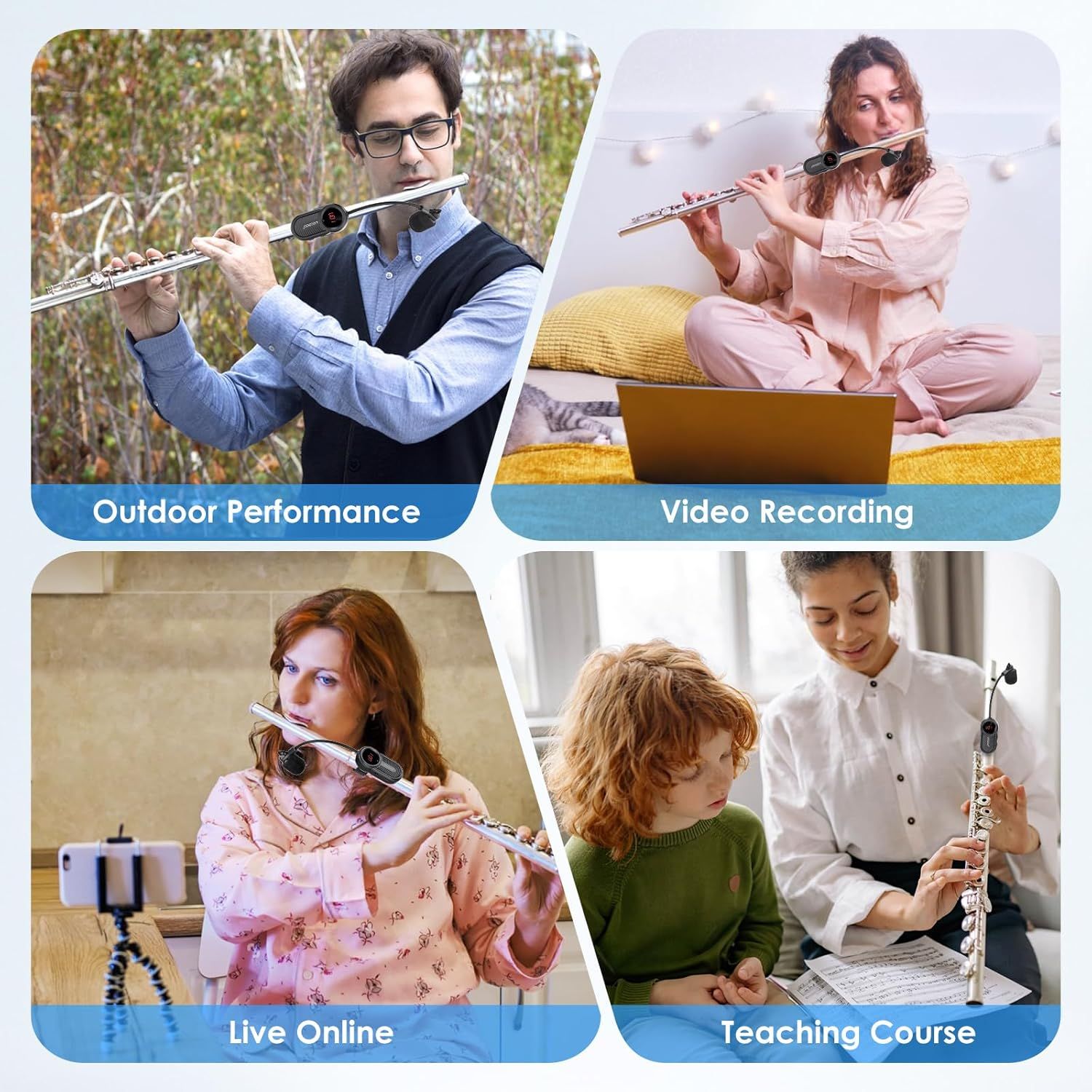 Demonstrates the versatility of the flute by showing four different use cases where it can be played, helping shoppers understand the product works in multiple environments and scenarios.