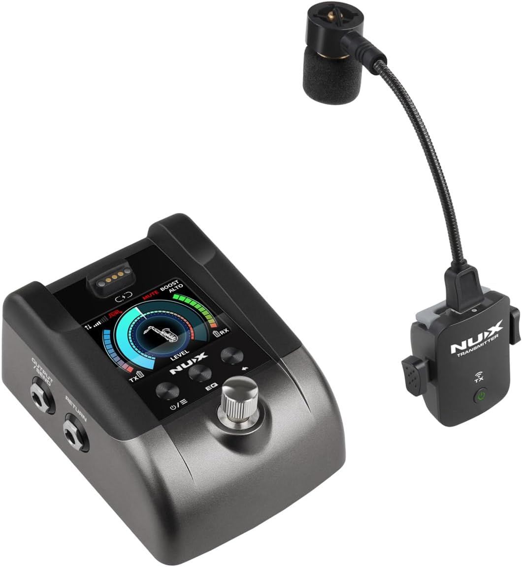 Shows the customer all components included in the wireless audio system package, including the main receiver unit with display and the wireless transmitter with microphone attachment.