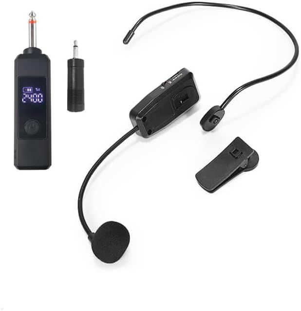 Shows all components included in the wireless audio system package, including the transmitter with display, receiver with headset microphone, adapter, and clip, helping shoppers understand what they…