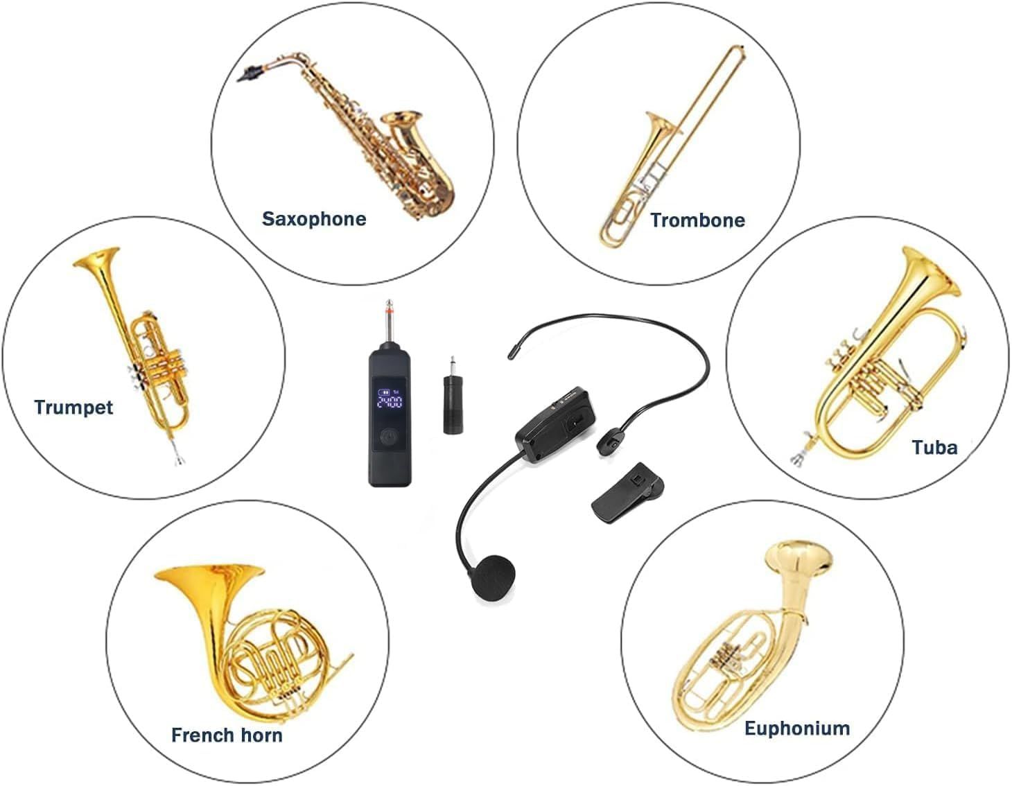 Demonstrates that the wireless microphone system is compatible with a wide range of brass instruments including saxophone, trombone, trumpet, tuba, French horn, and euphonium.