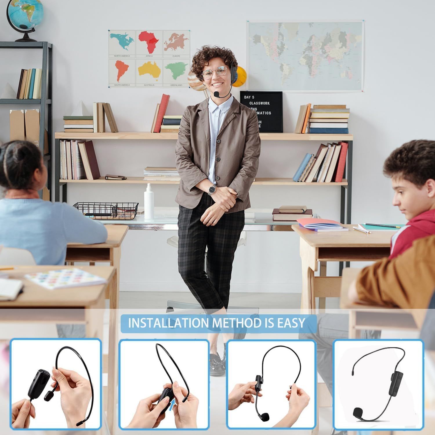 Demonstrates the simple step-by-step process for installing and assembling the headset microphone, reducing friction and answering how the product is set up.