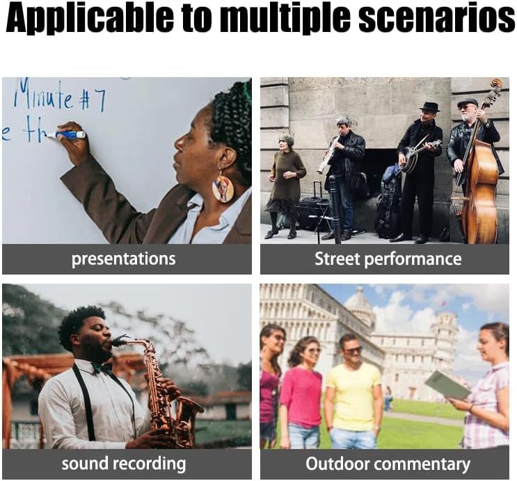 Demonstrates the product's versatility by showing it can be used in multiple scenarios including presentations, street performances, sound recording, and outdoor commentary.