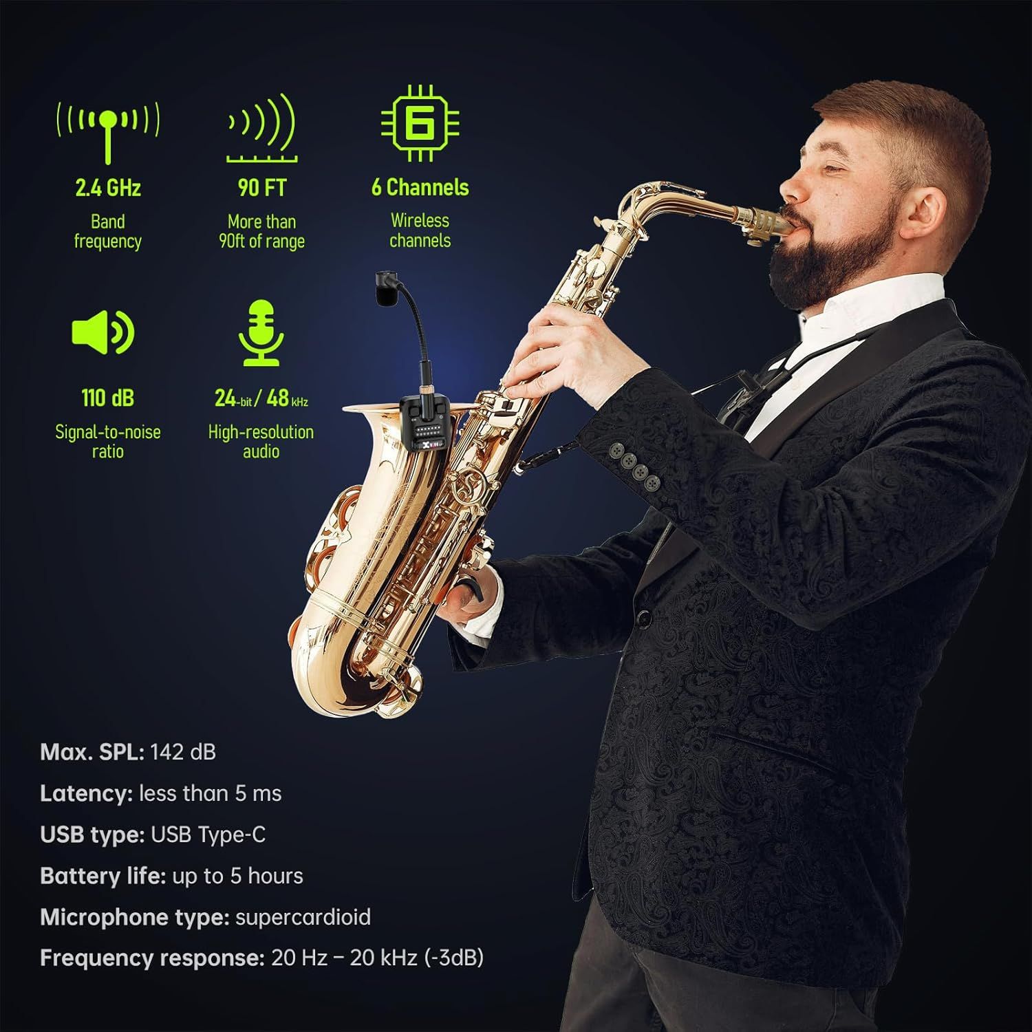 This image showcases multiple technical specifications and features of a wireless microphone system to demonstrate its professional-grade performance capabilities including range, audio quality,…