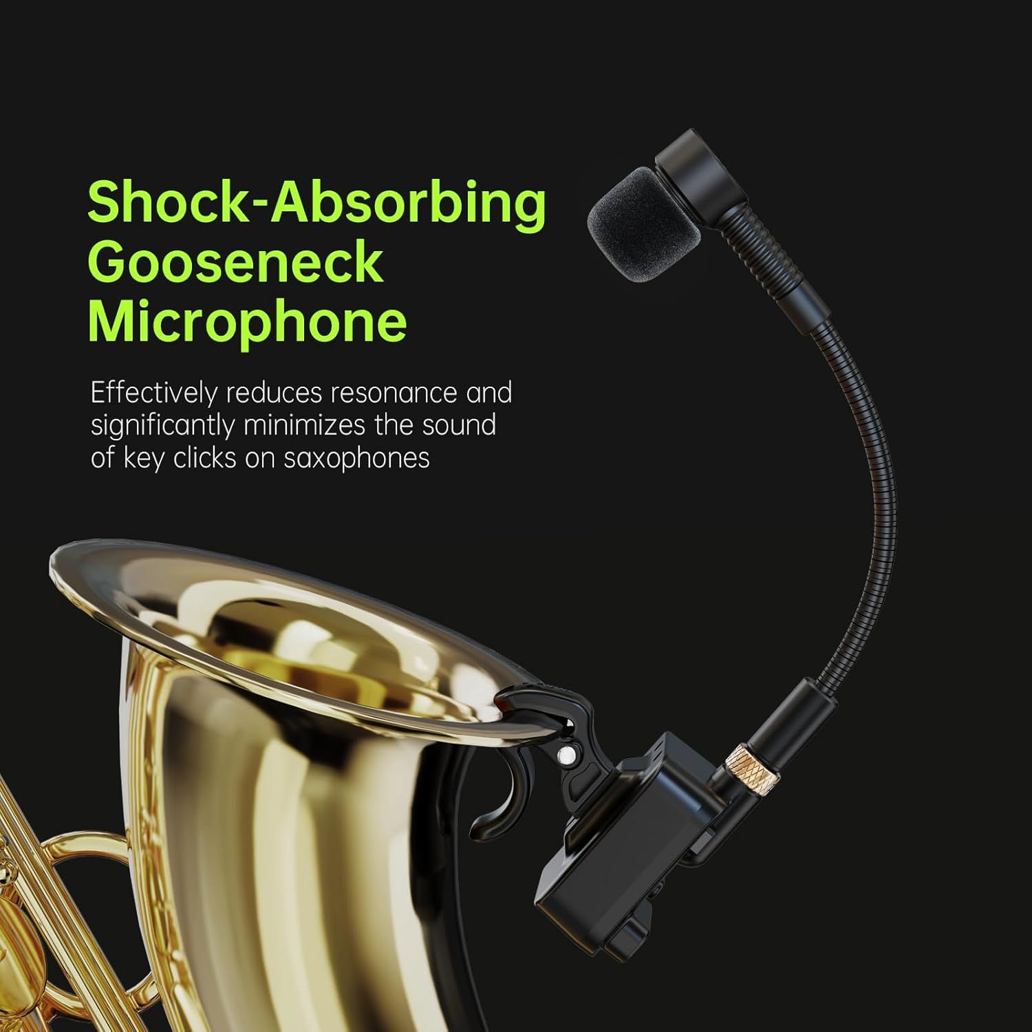 Communicates that the microphone's gooseneck design reduces resonance and minimizes key click sounds on saxophones, reassuring musicians of cleaner audio capture.