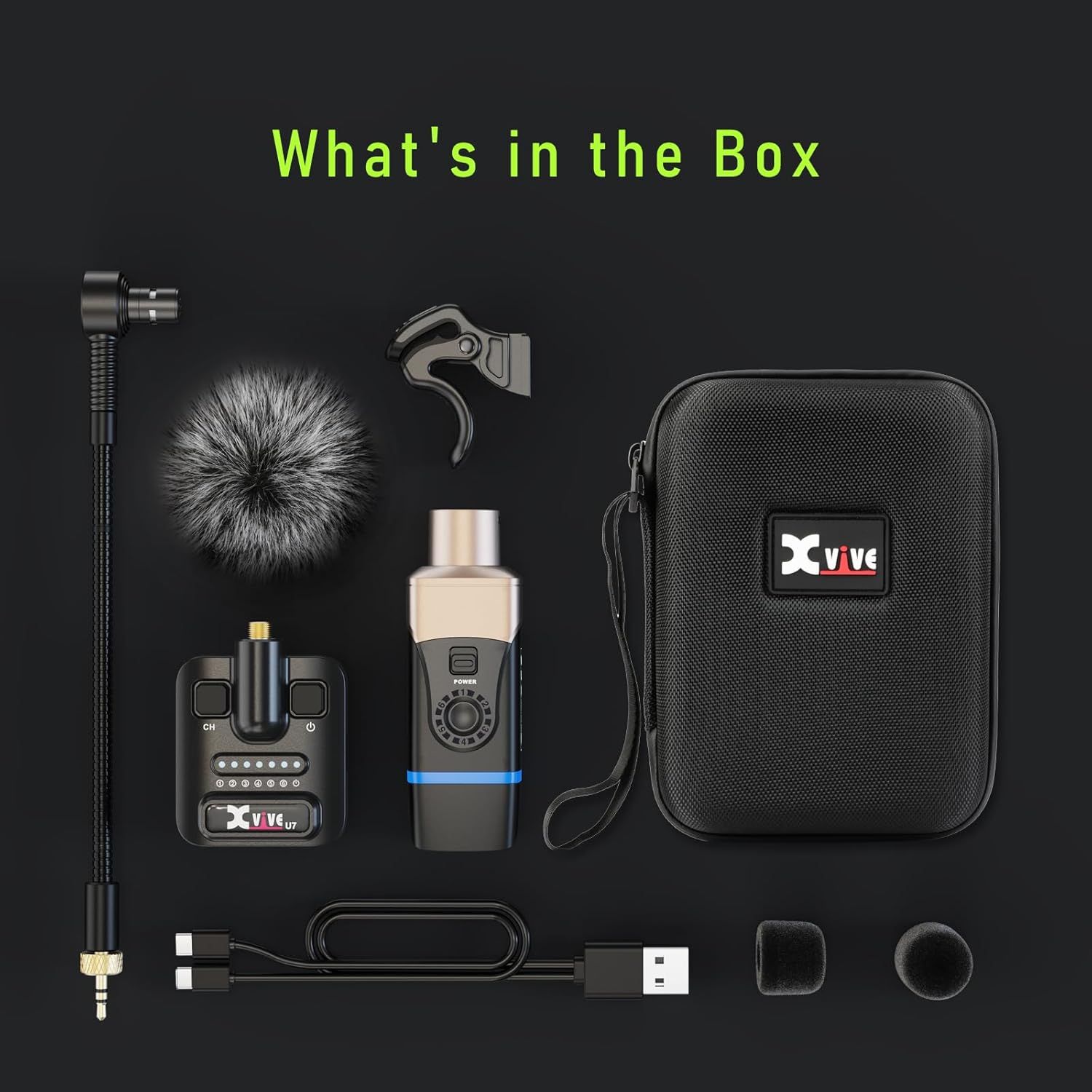 Shows all items included in the package so shoppers know exactly what they will receive with their purchase, including the microphone, accessories, cables, case, and attachments.