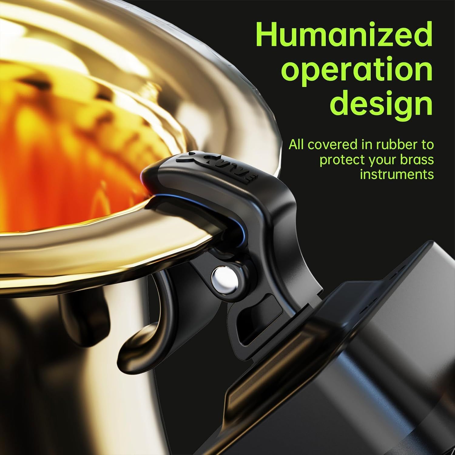 Highlights the ergonomic handle design with rubber coating that protects brass instruments from scratches or damage during use.