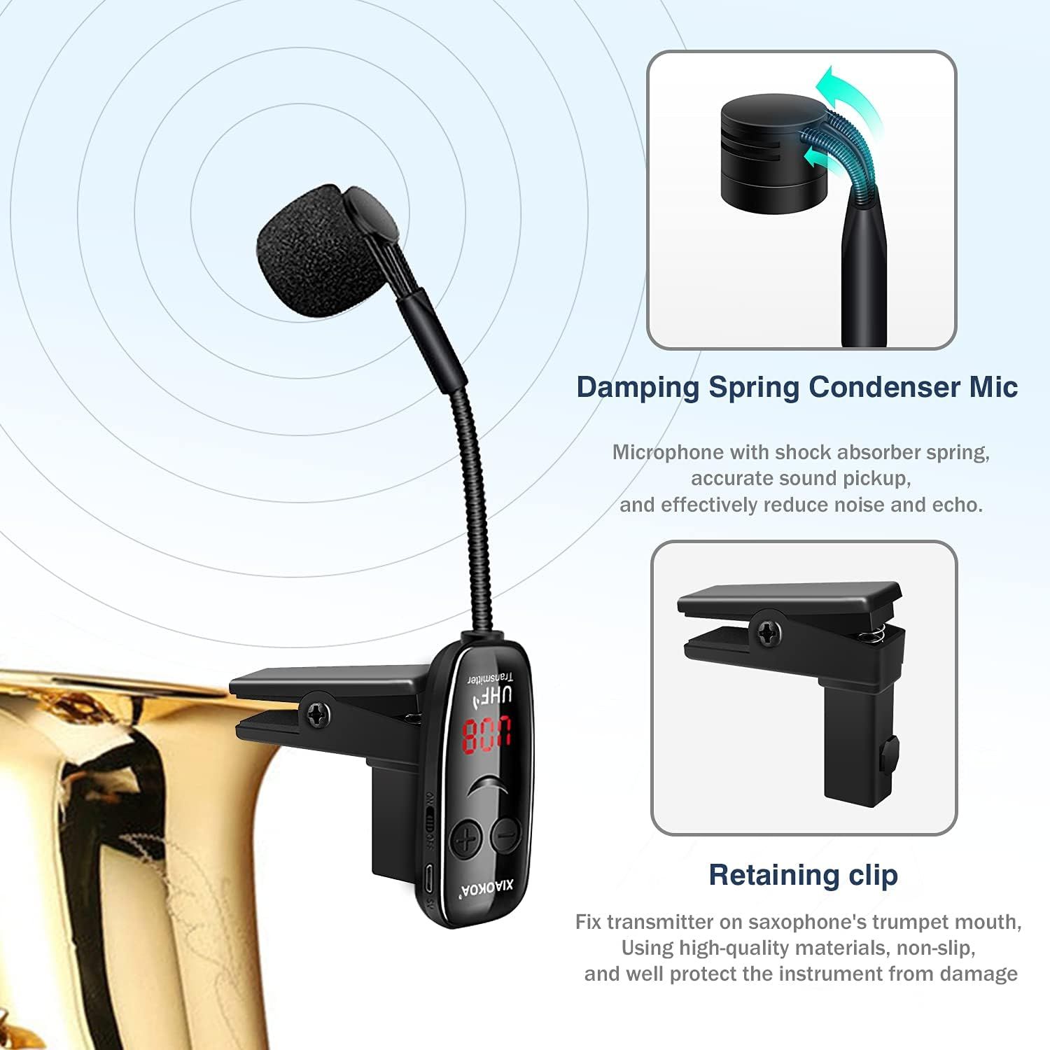Showcases two key features of the wireless microphone system: the shock-absorbing spring condenser mic that reduces noise and echo, and the retaining clip that securely attaches to instruments…