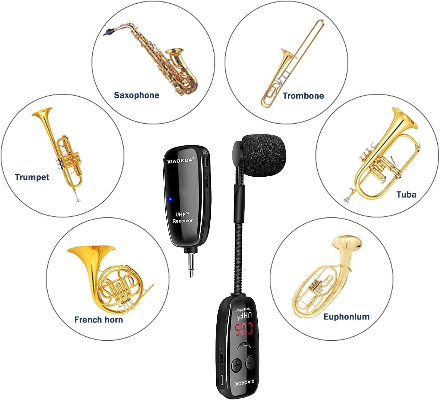Demonstrates that the wireless microphone system is compatible with multiple brass instruments including saxophone, trombone, trumpet, tuba, French horn, and euphonium.