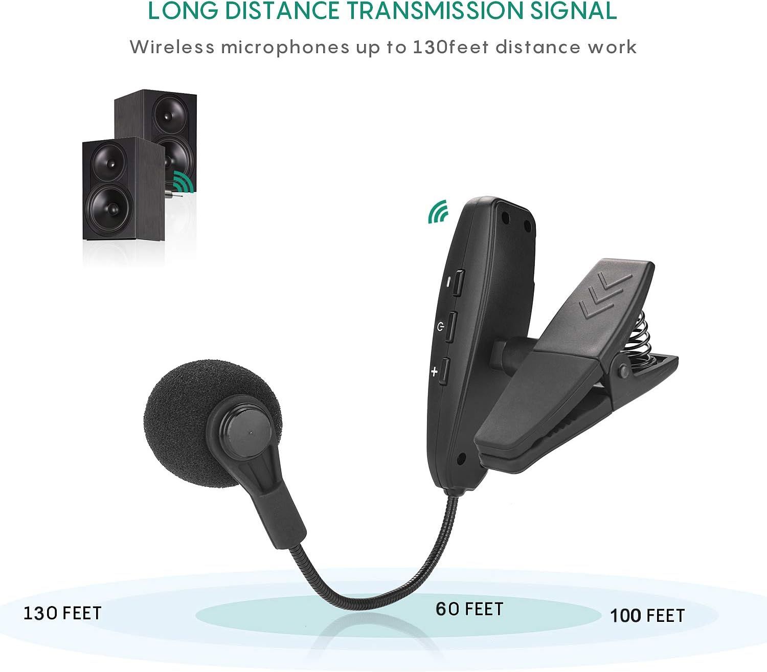 Communicates that the wireless microphone system can transmit signals up to 130 feet, reassuring shoppers about its range and reliability for various use cases.
