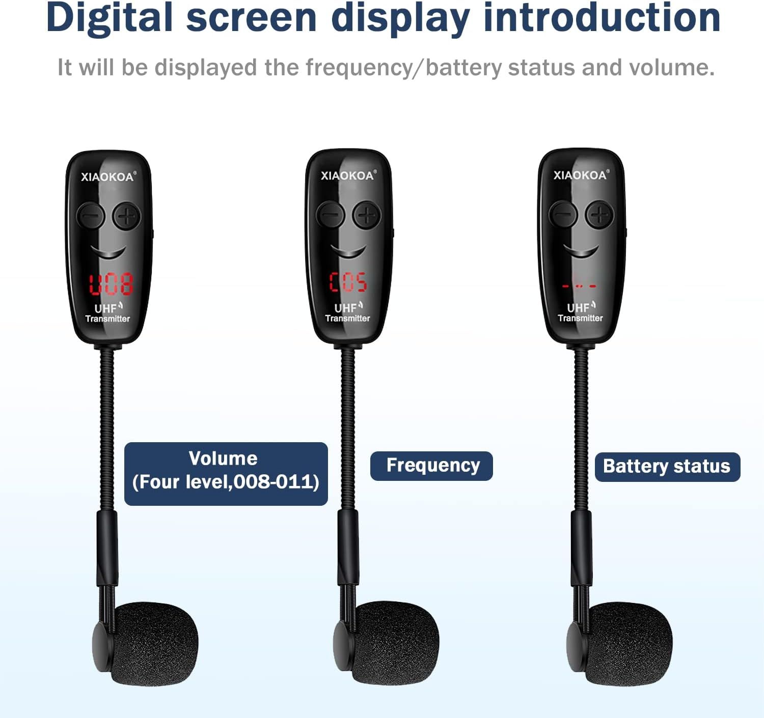 Explains how the digital screen displays frequency, battery status, and volume information to help users monitor device settings at a glance.