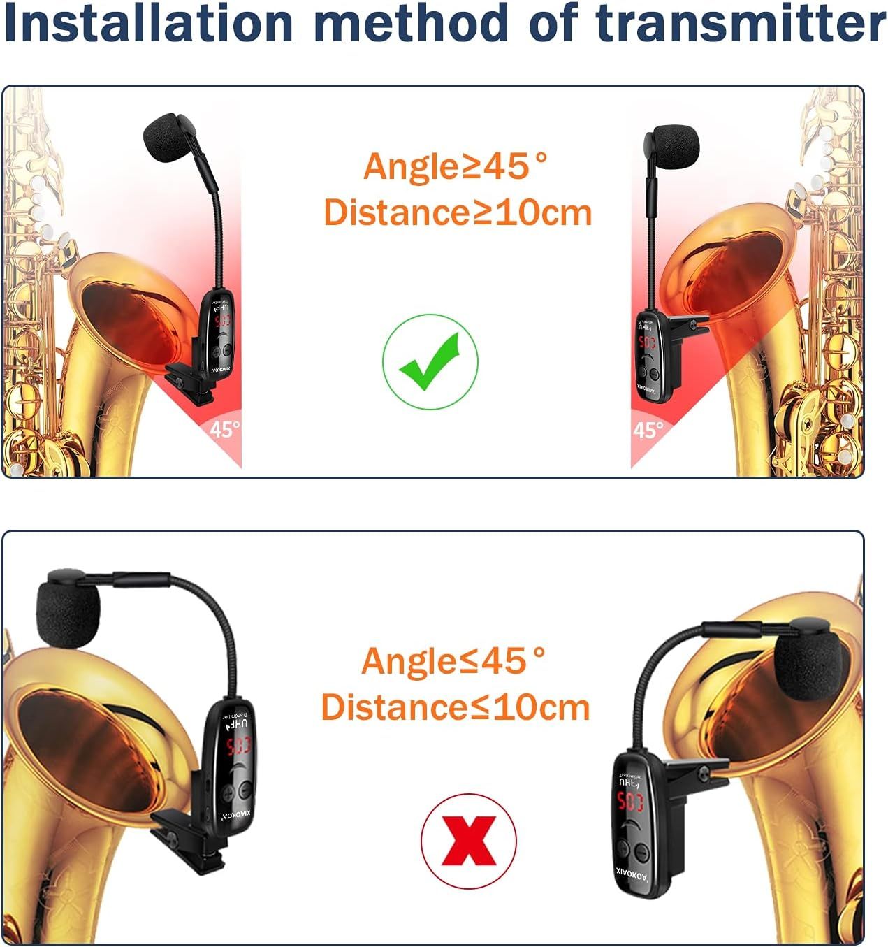 Instructs users on the correct way to install the wireless transmitter on a saxophone by showing proper angle and distance specifications versus incorrect positioning.