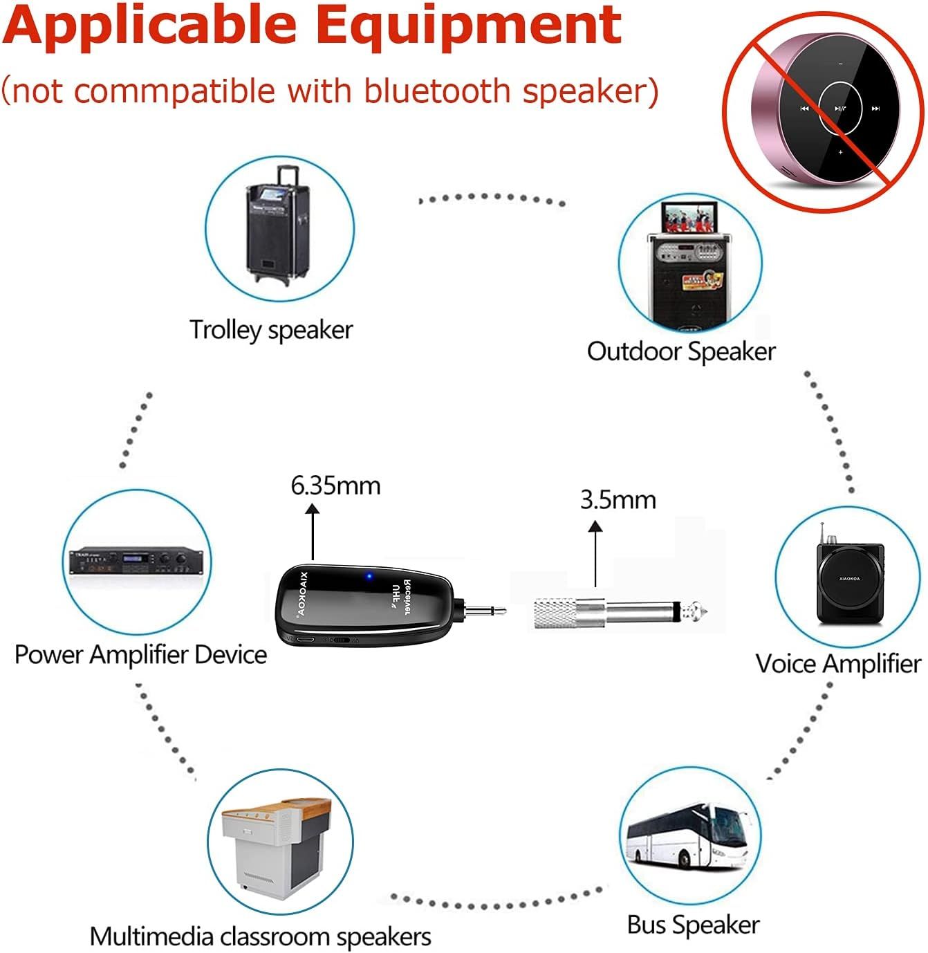 Shows which audio equipment types are compatible with the product and explicitly warns that it is not compatible with bluetooth speakers.