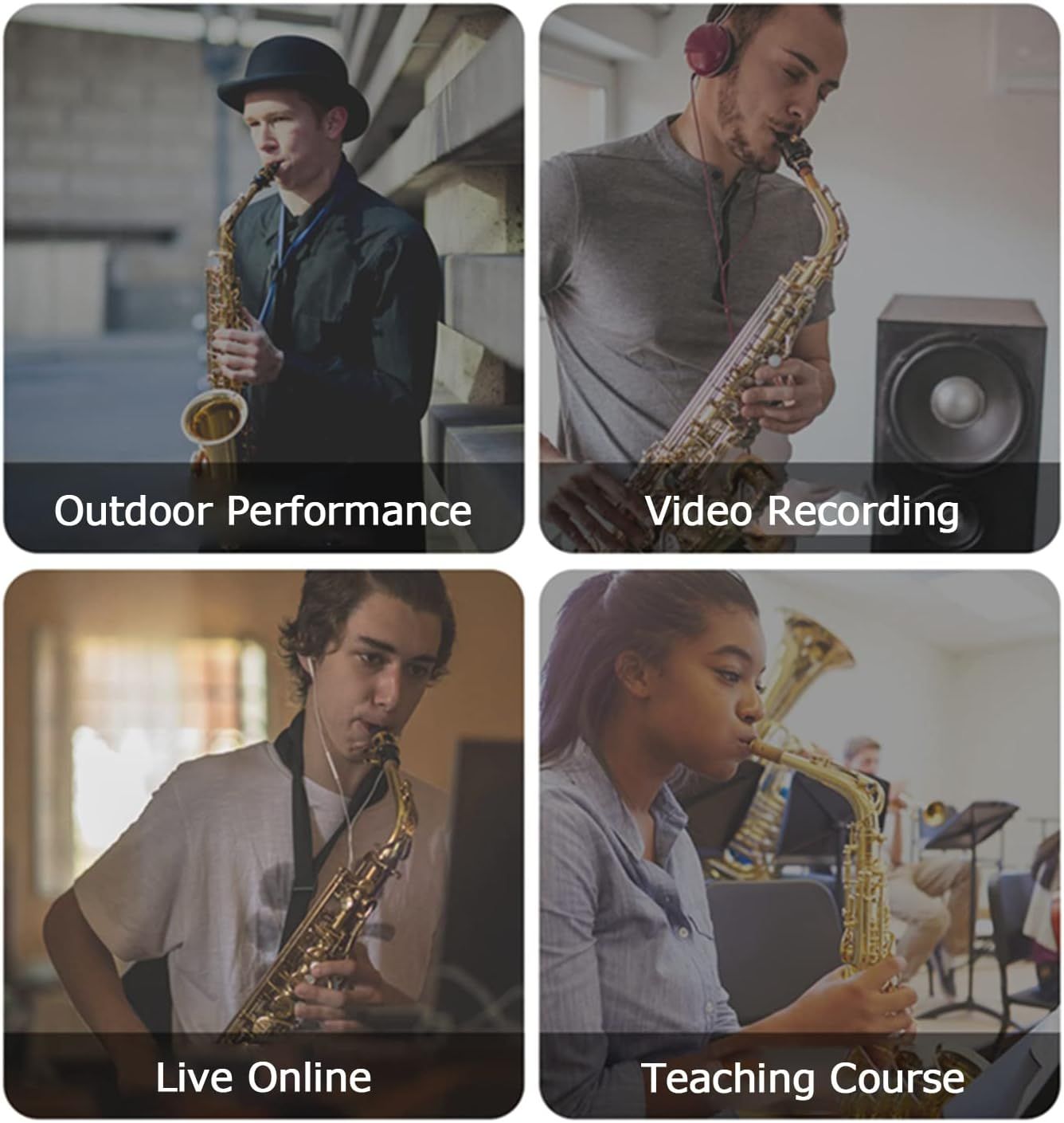 Demonstrates the versatility of the product by showing four different use cases where it can be effectively used, helping shoppers understand its broad applicability across various musical…