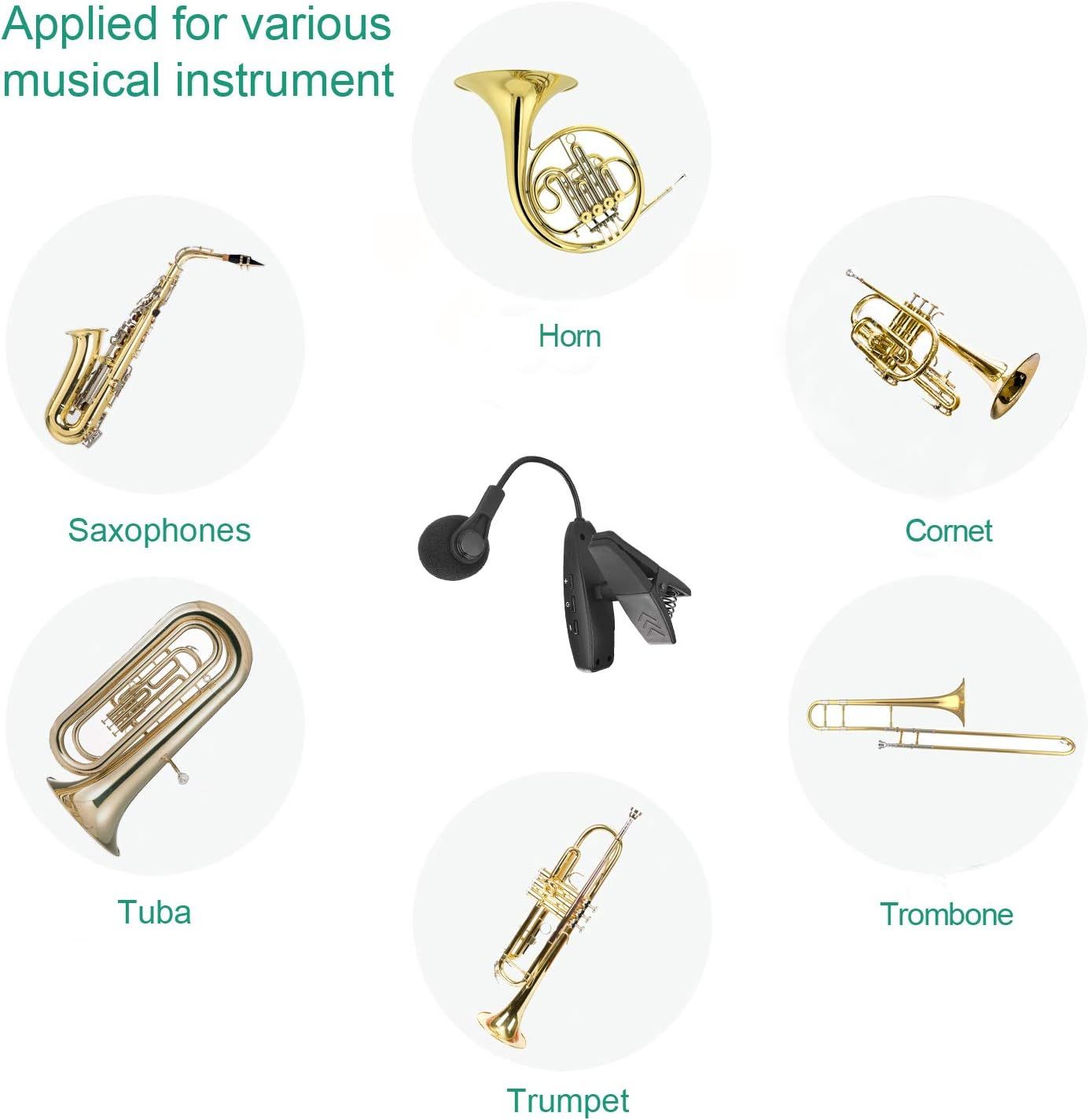 Demonstrates the versatility of the product by showing it can be used with various brass instruments including saxophones, horn, cornet, tuba, trombone, and trumpet.