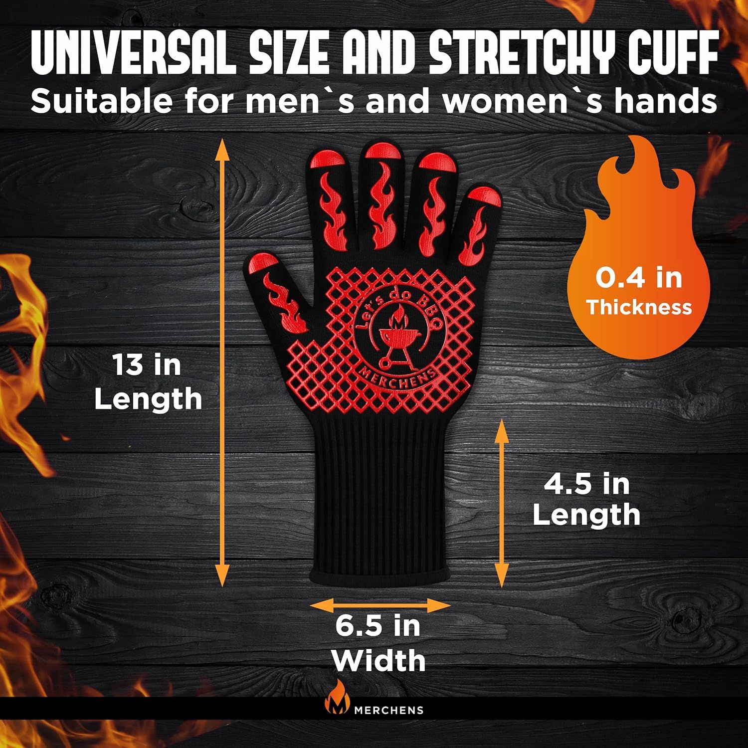 Provides exact measurements of the heat-resistant glove including length, width, and thickness to help shoppers understand the physical size and confirm it will fit their hands.