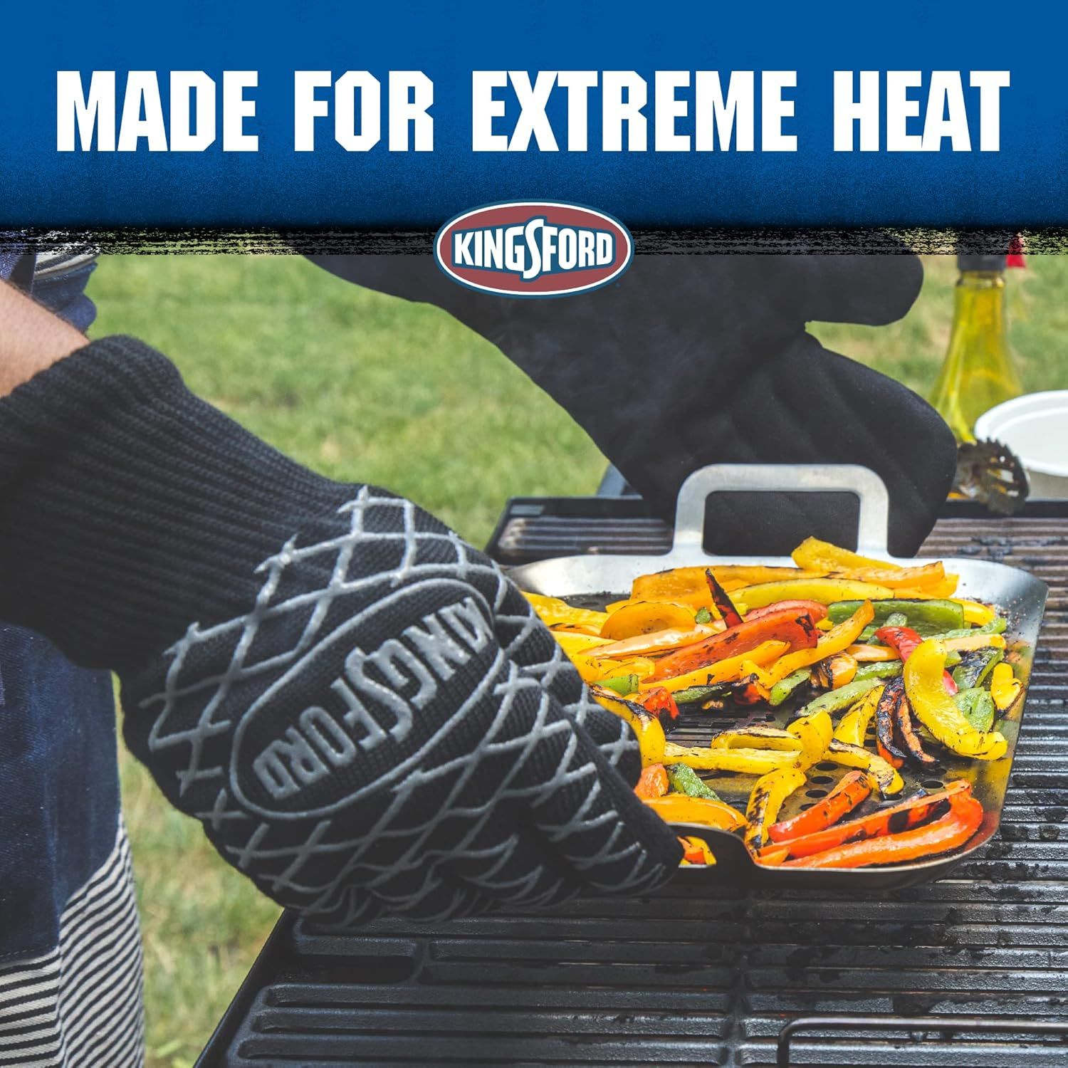 Communicates that the Kingsford oven mitts are designed to withstand extreme heat during grilling, reassuring shoppers they can safely handle hot items.