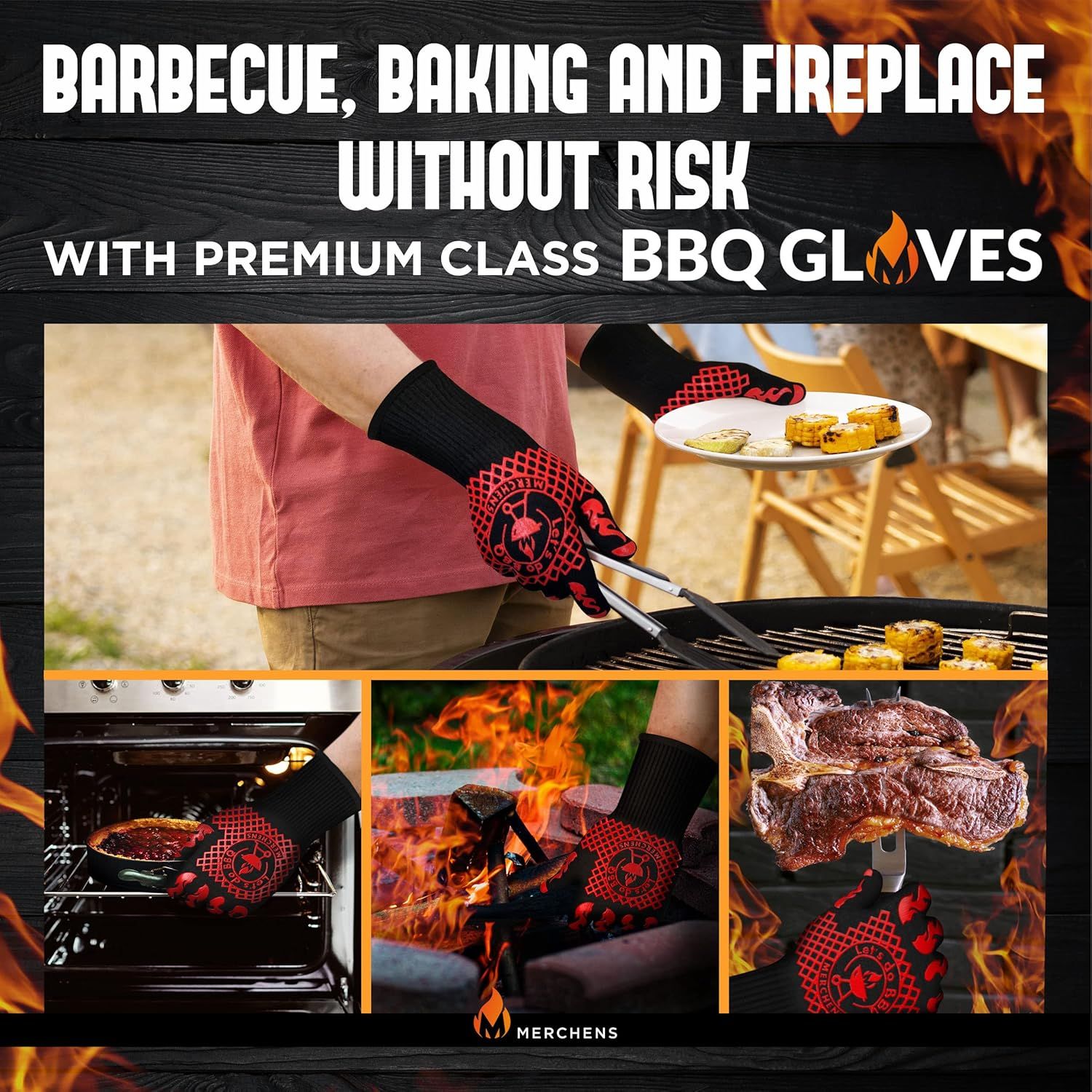 Demonstrates the versatility of the BBQ gloves by showing multiple use cases including grilling, baking, and fireplace handling to communicate the product works across different heat-related…