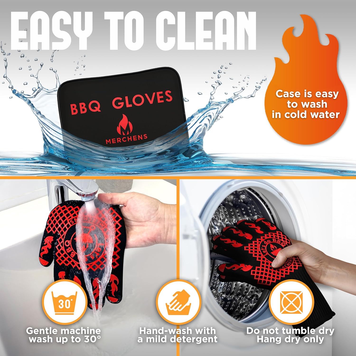 Demonstrates how to properly clean and care for the BBQ gloves using multiple washing methods, reassuring shoppers that maintenance is simple and convenient.
