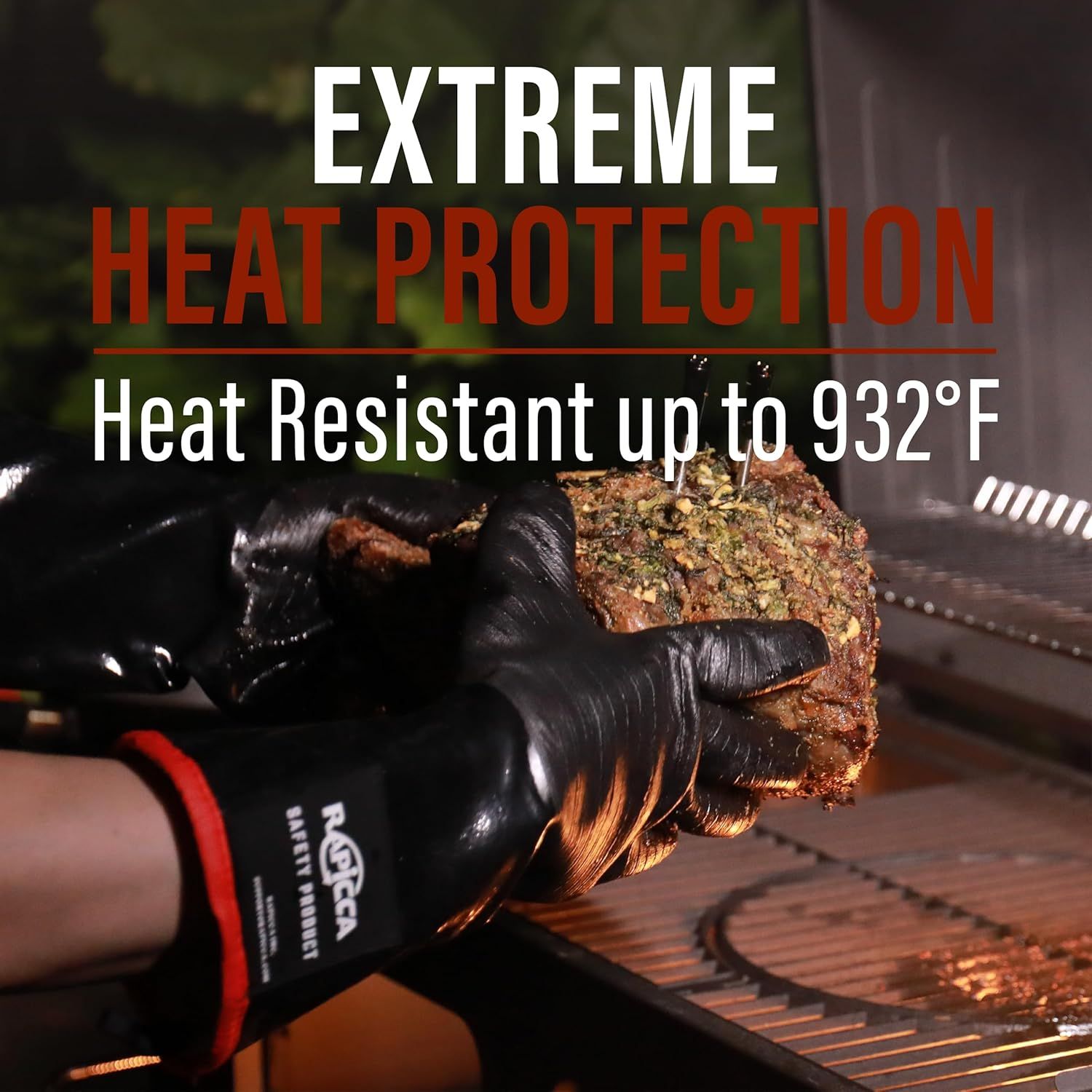 Communicates that the product is heat resistant up to 932°F, reassuring shoppers that it can safely handle extremely hot items during grilling or cooking.