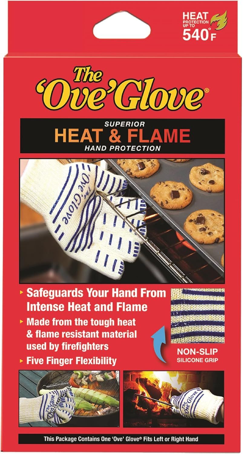 Showcases multiple key features of the oven glove including heat and flame protection up to 540°F, firefighter-grade materials, non-slip silicone grip, and five-finger flexibility to convince…
