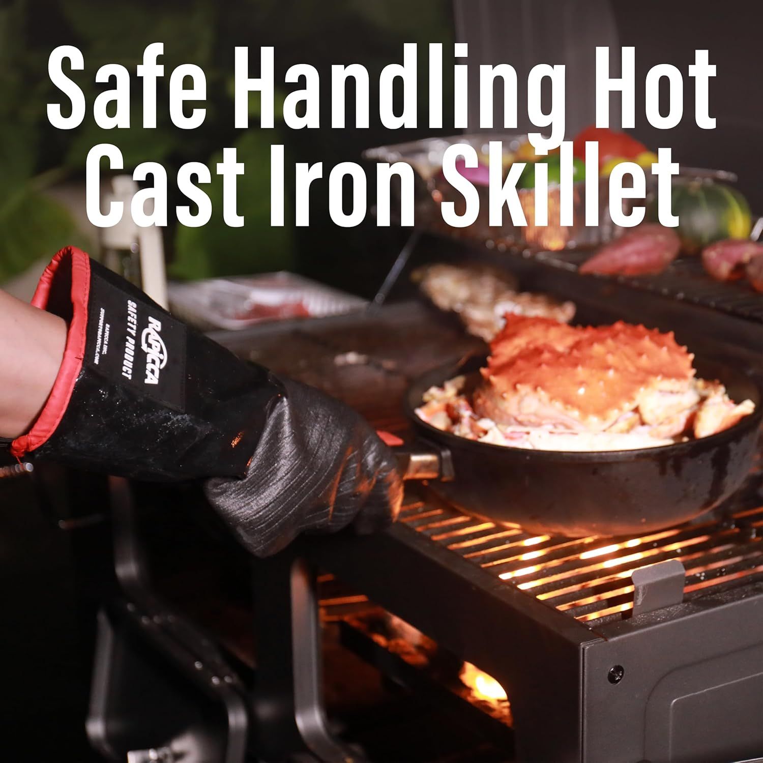 Demonstrates that the product allows users to safely handle hot cast iron skillets during cooking, reassuring shoppers about heat protection and safety.