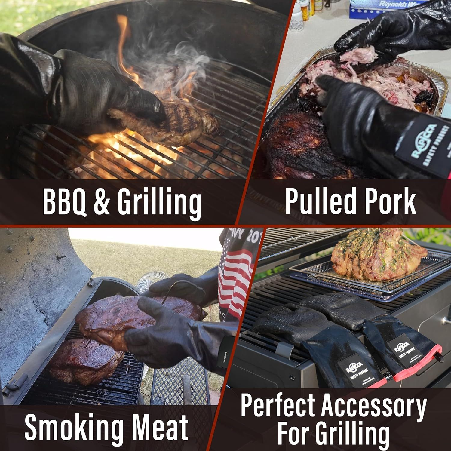 Demonstrates the versatility of the grilling gloves by showing four different use cases including grilling, handling pulled pork, smoking meat, and serving as a perfect grilling accessory.