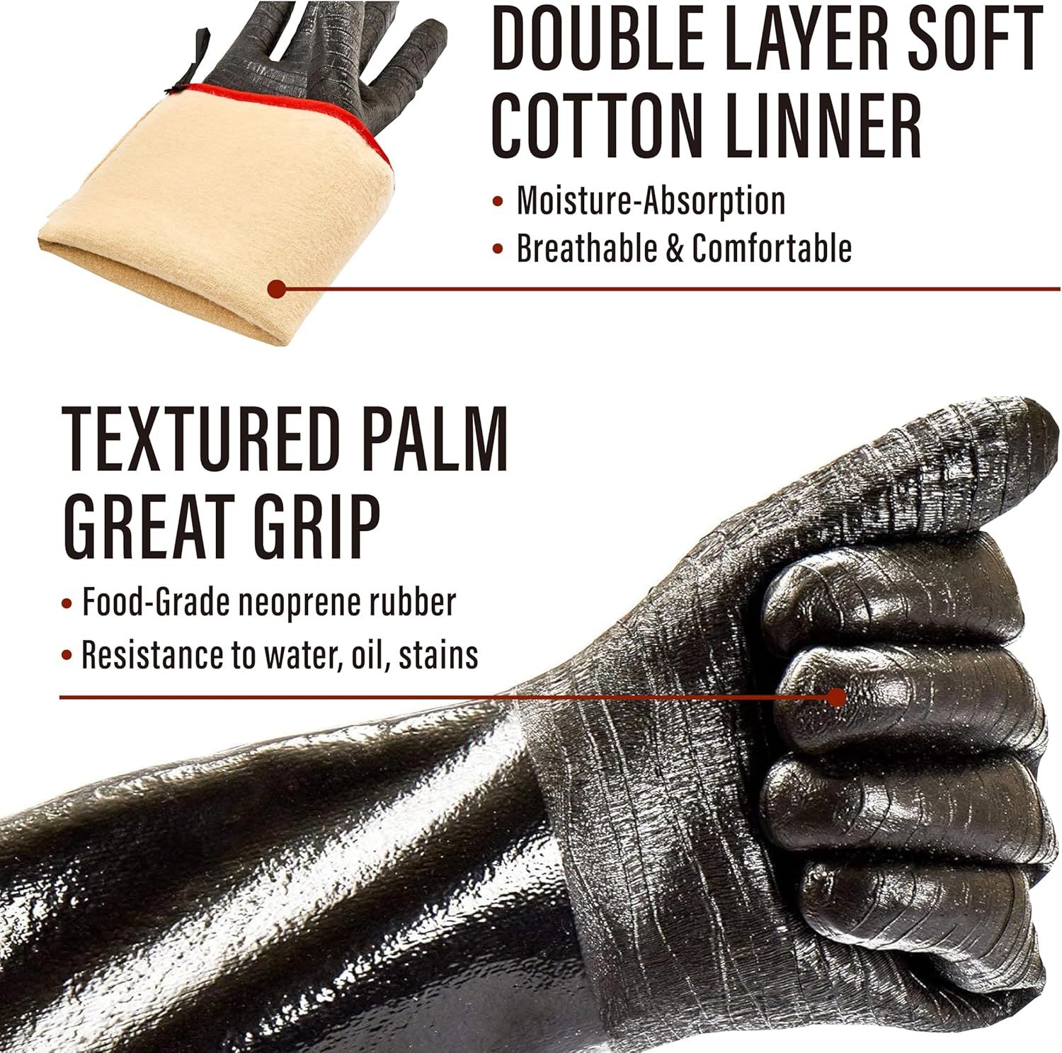Showcases multiple key features of the gloves including the soft cotton lining for comfort and moisture absorption, and the textured palm with neoprene rubber for superior grip and resistance to…