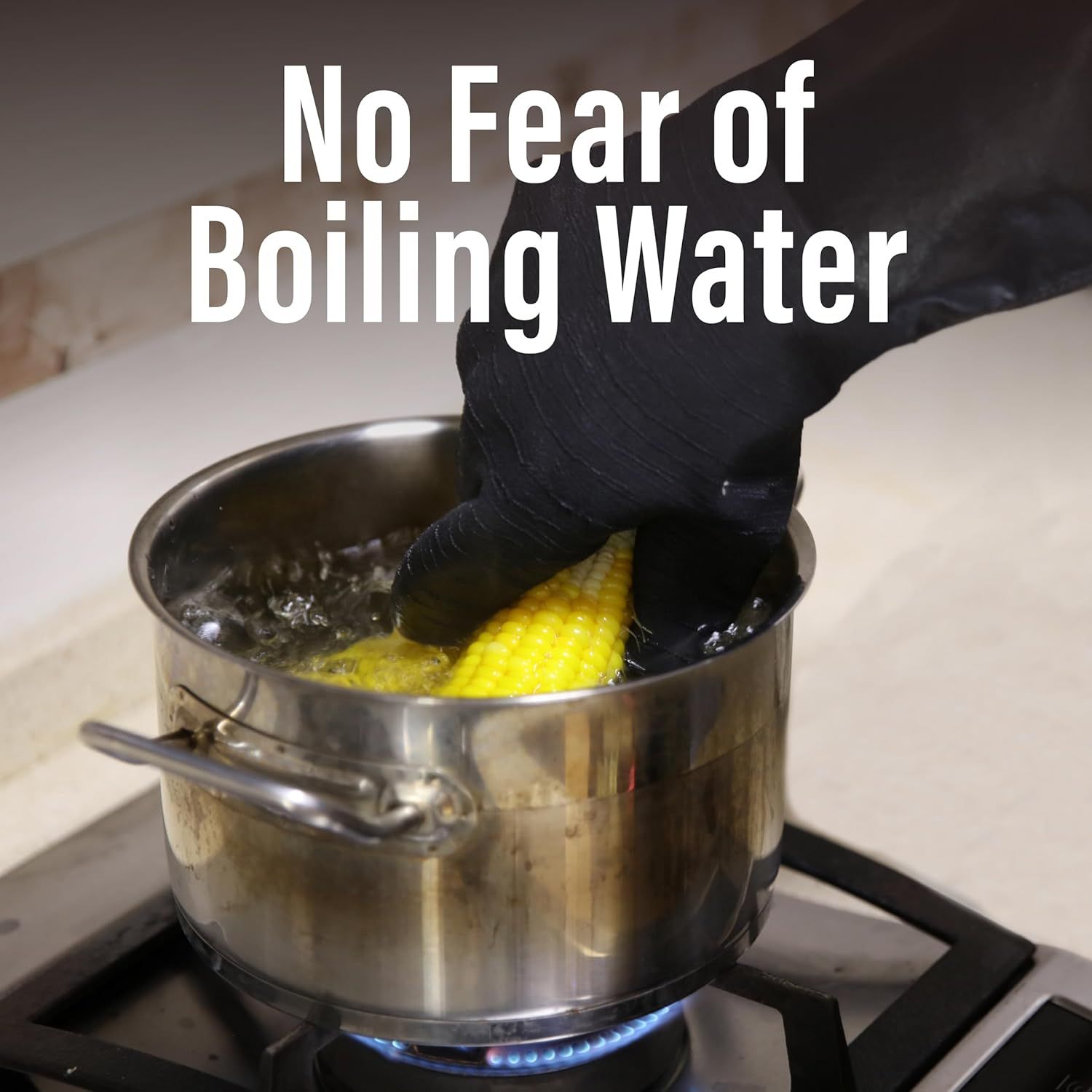 Demonstrates that the glove can safely handle boiling water and hot cookware, reassuring shoppers of its protective heat-resistant capability.