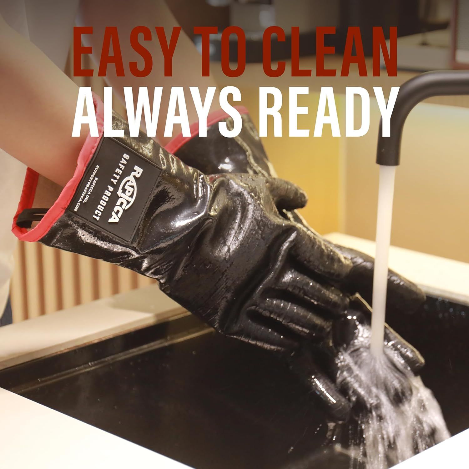 Communicates that the gloves are easy to clean and always ready for use, reducing friction around maintenance and care.